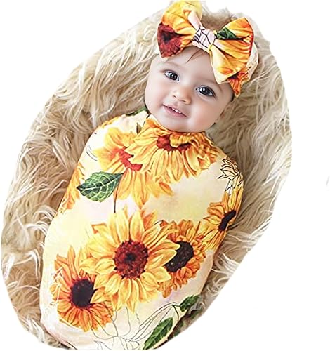 Miniatura 7 de Galabloomer Conjunto de diadema para recién nacido, con estampado de flores, manta para envolver al bebé (flor marfil)