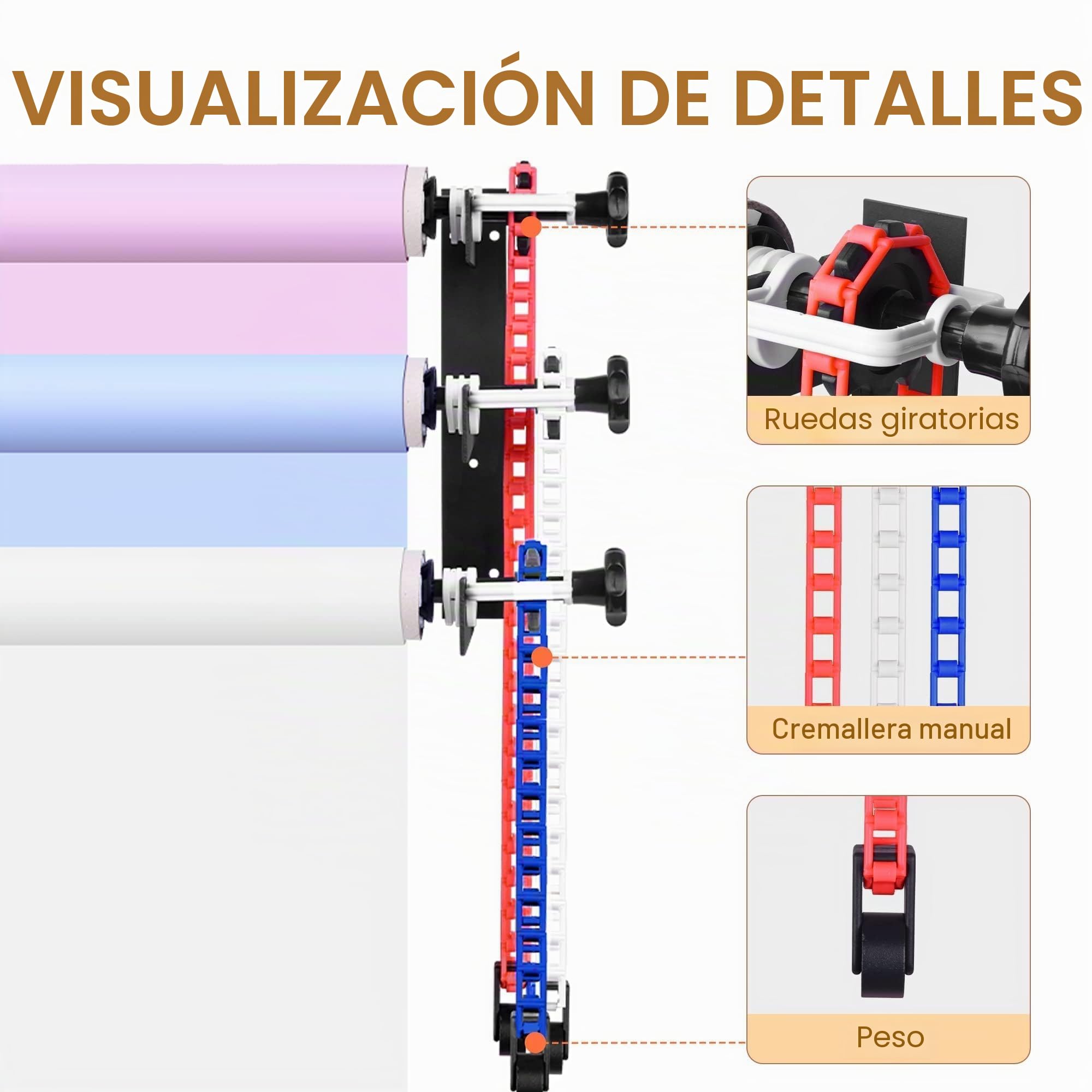 EMART Pared de Fondo de Rodillo, Sistema de Soporte de Fondo Manual de Montaje en Pared,Incluye 3 Rodillos, 2 Ganchos Triples, 6 Varillas Telescópicas, 3 Cadenas, 8 Tornillos de Fijación y 3 Ganchos