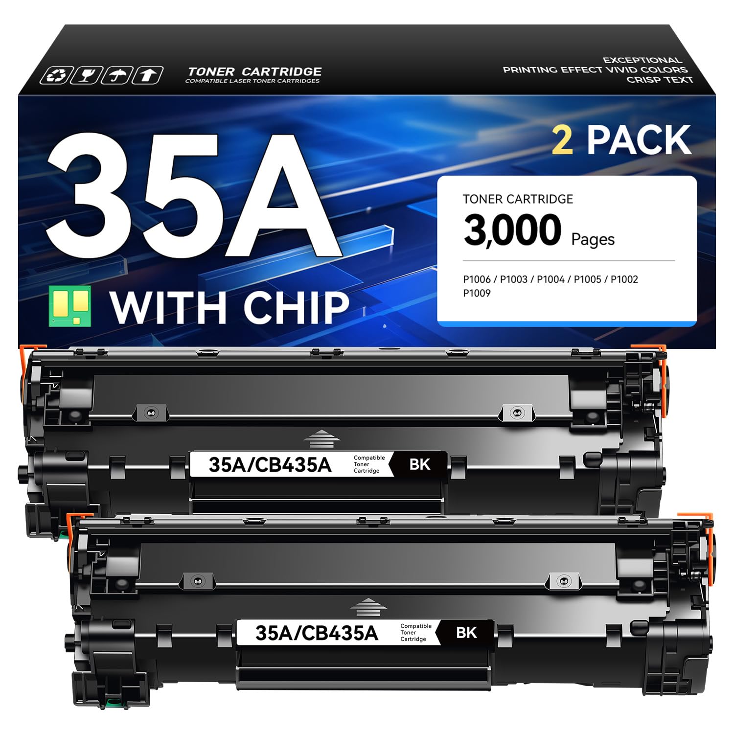 35A Toner Cartridge Black 2-Pack Replacement for HP 35A CB435A Compatible Laserjet P1005 P1006 P1009 P1002 P1003 P1004 M1120 M1522n M1522nf P1505 P1505n P1102w P1109w Pro MFP M1212nf M1217nfw Printer