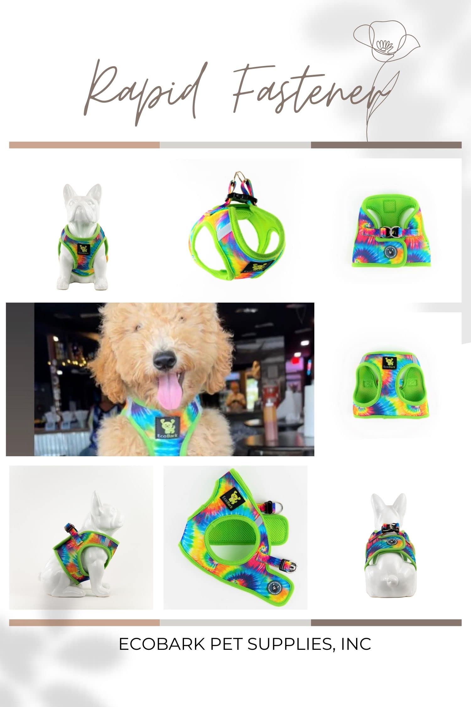 EcoBark Step-in Dog Harness - Soft Mesh Dog Vest Harnesses for Puppies and Small Dogs - Reflective Adjustable No Pull and No Choke Halter Harness - Mesh Comfort Padded Body Harness (Tie-Dye, Large)