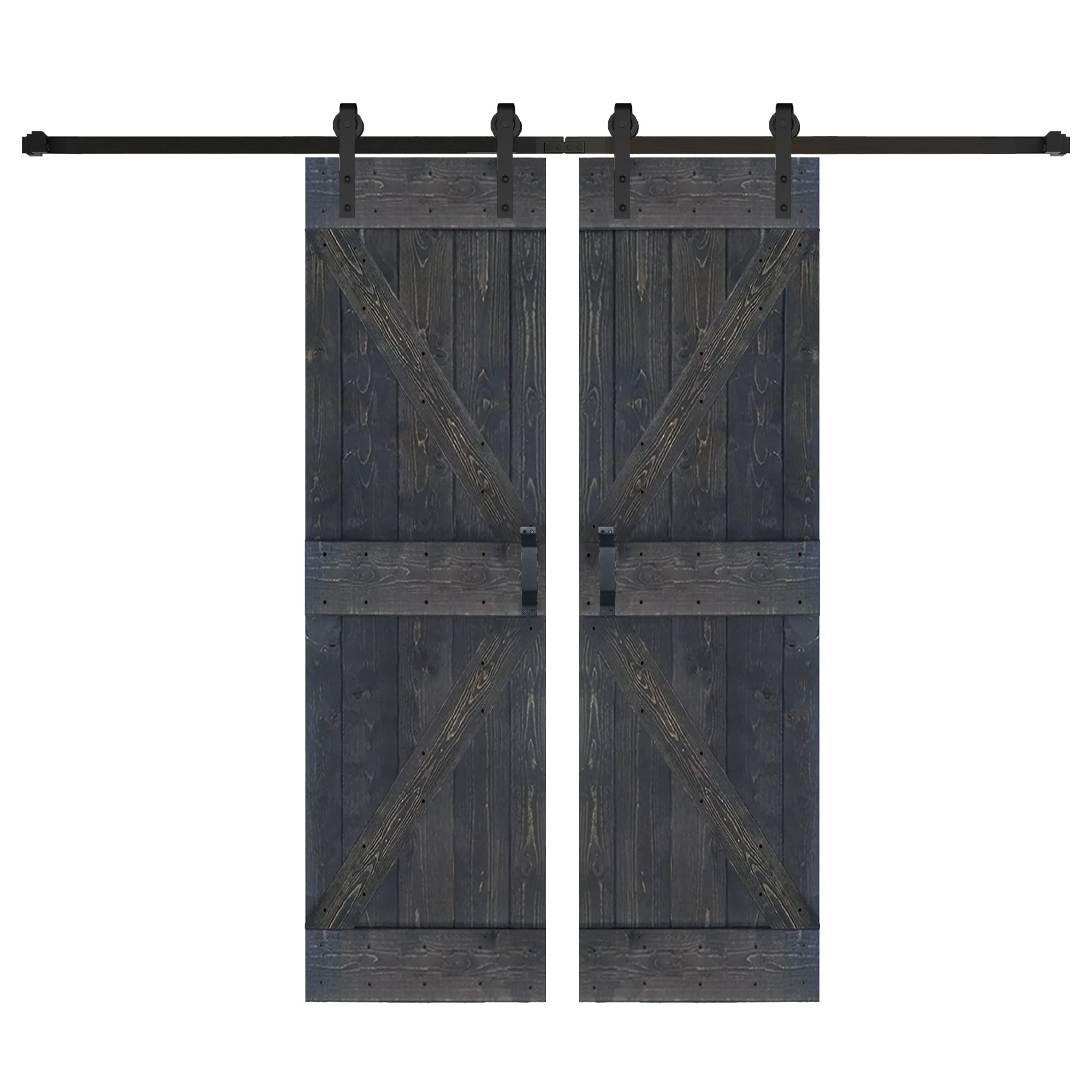 K Series 56in x 84in (28in x 84in x 2 Panels) Carbon Gray Finished Solid Wood Sliding Barn Door with Hardware Track - Assembly Needed