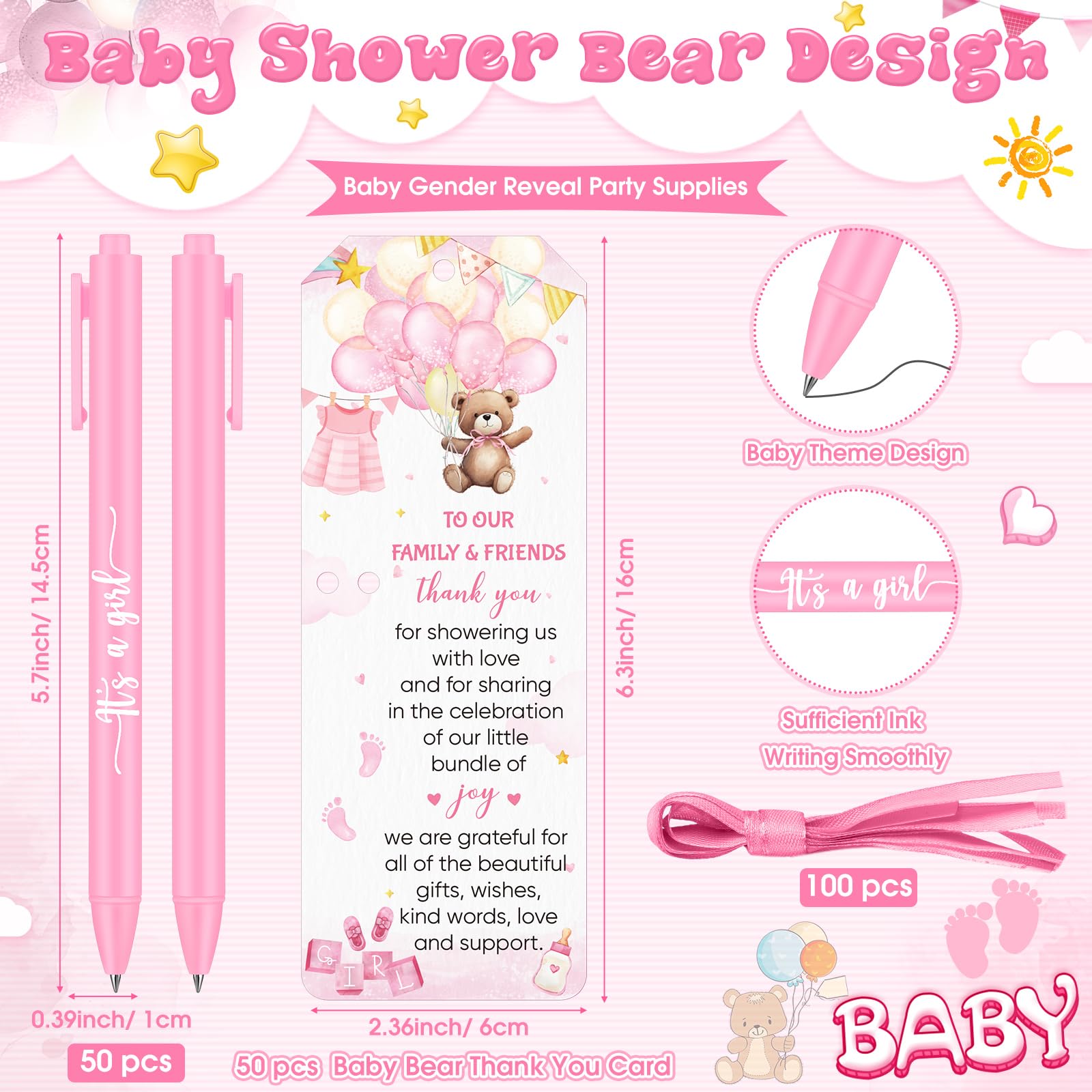 ReliThick 50 Set Baby Shower Bear Gift for Guest Baby Bear Baby Shower Favors with It's a Girl Retractable Ballpoint Pens Gender Reveal Greeting Cards Silk Ribbon for Baby Shower Party Souvenir Prizes
