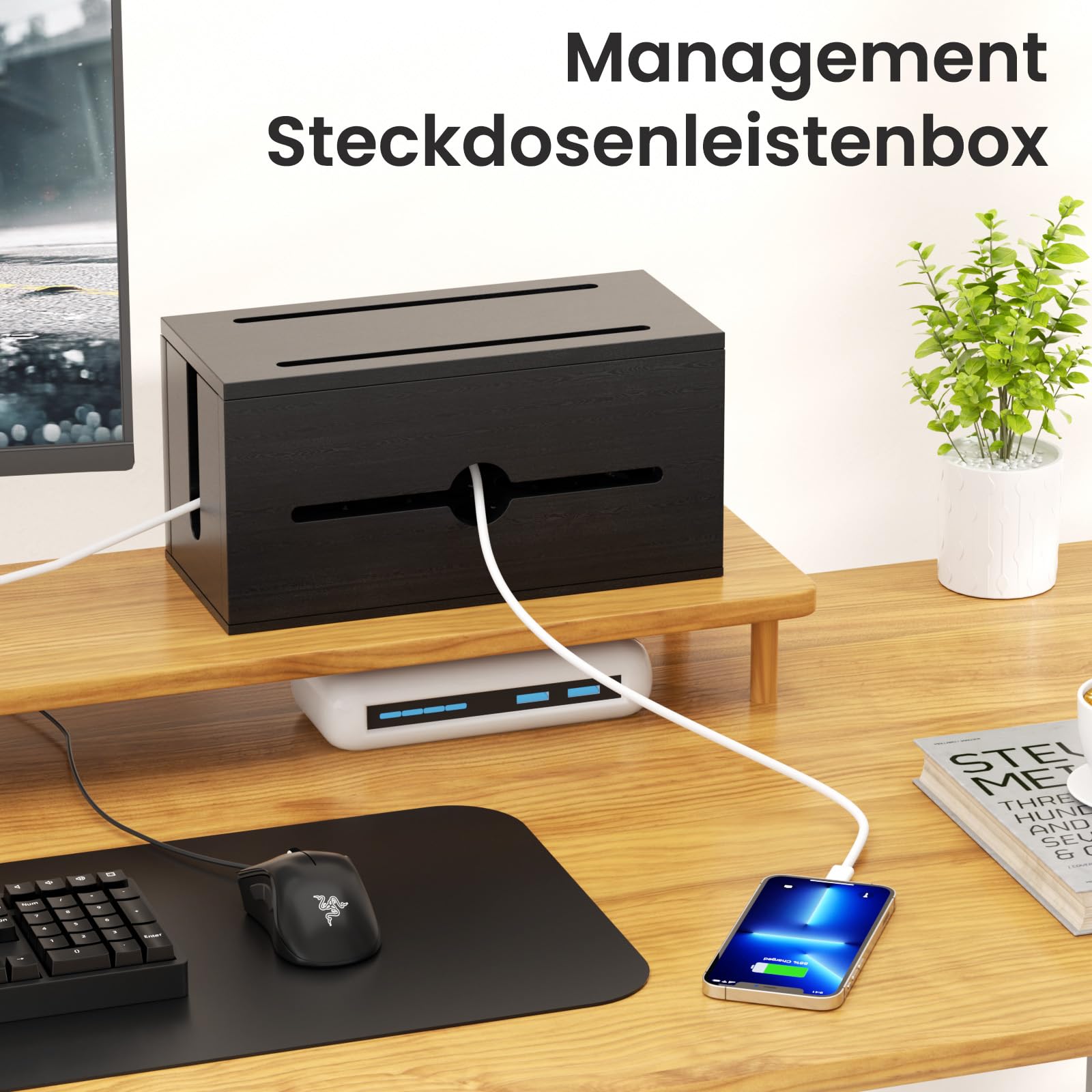 Drewniana skrzynka kablowa z listwą zasilającą, stacja ładująca, organizer z 8 gniazdami USB i 1 szybkim ładowaniem typu C, ochrona przed przepięciem, przedłużacz o długości 200 cm, do biura, domu