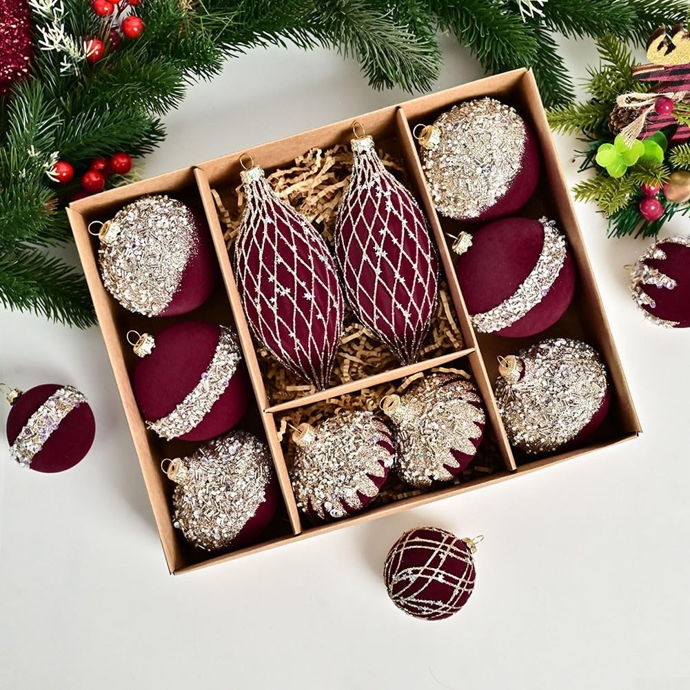 Lot de 10 boules de Noël en forme de boule de Noël - Bordeaux - Vert foncé - 8 cm