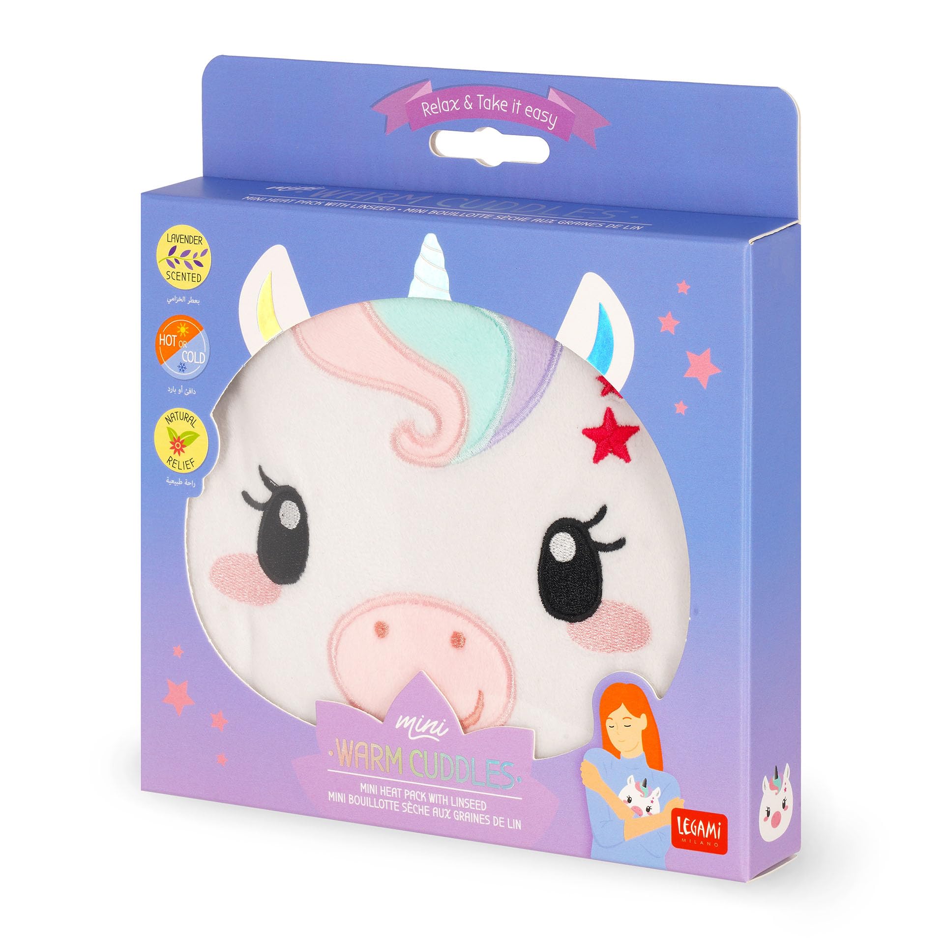 Legami - Mini Cojín Térmico con Semillas de Lino, Warm Cuddles, de Semillas de Lino, Perfume de Lavanda, Poliéster y Algodón, Da Relax, Tema Unicorn, Uso en Microondas o Nevera, 18x19x2.5 cm