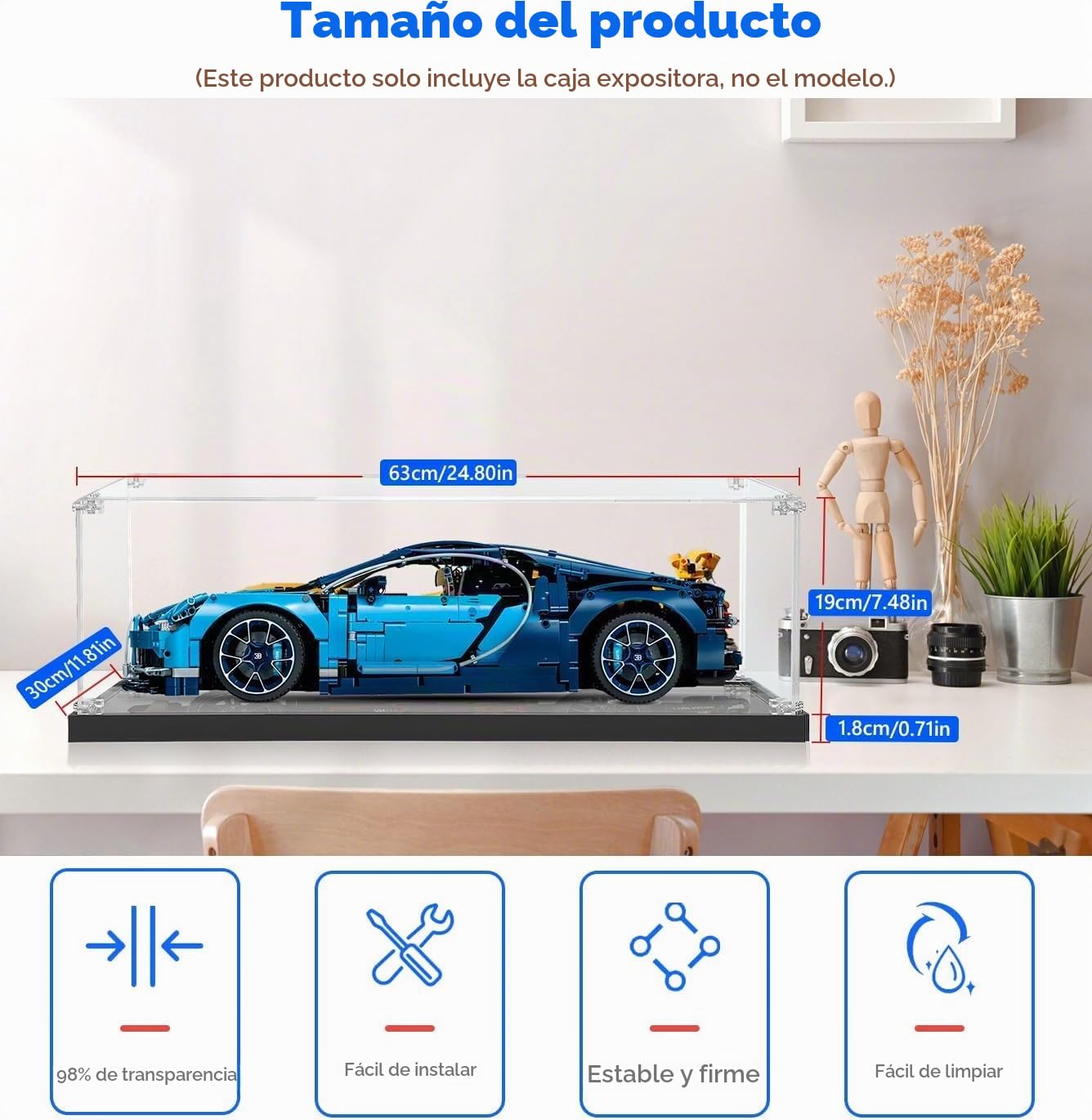 Vitrina acrílica para Lego Technic McLaren P1 42172, almacenamiento y organización a prueba de polvo para modelo Lego, tamaño: 63 x 30 x 19 cm (solo funda de pantalla)