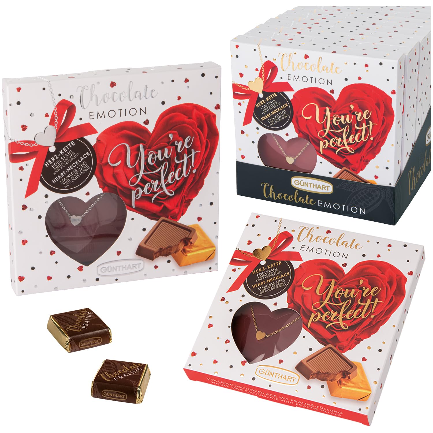 Günthart 12 Stück Pralinen Emotion Präsent "Youre perfect" mit Schokolade gefüllt und Herzkette, (1er Pack 600 gr)