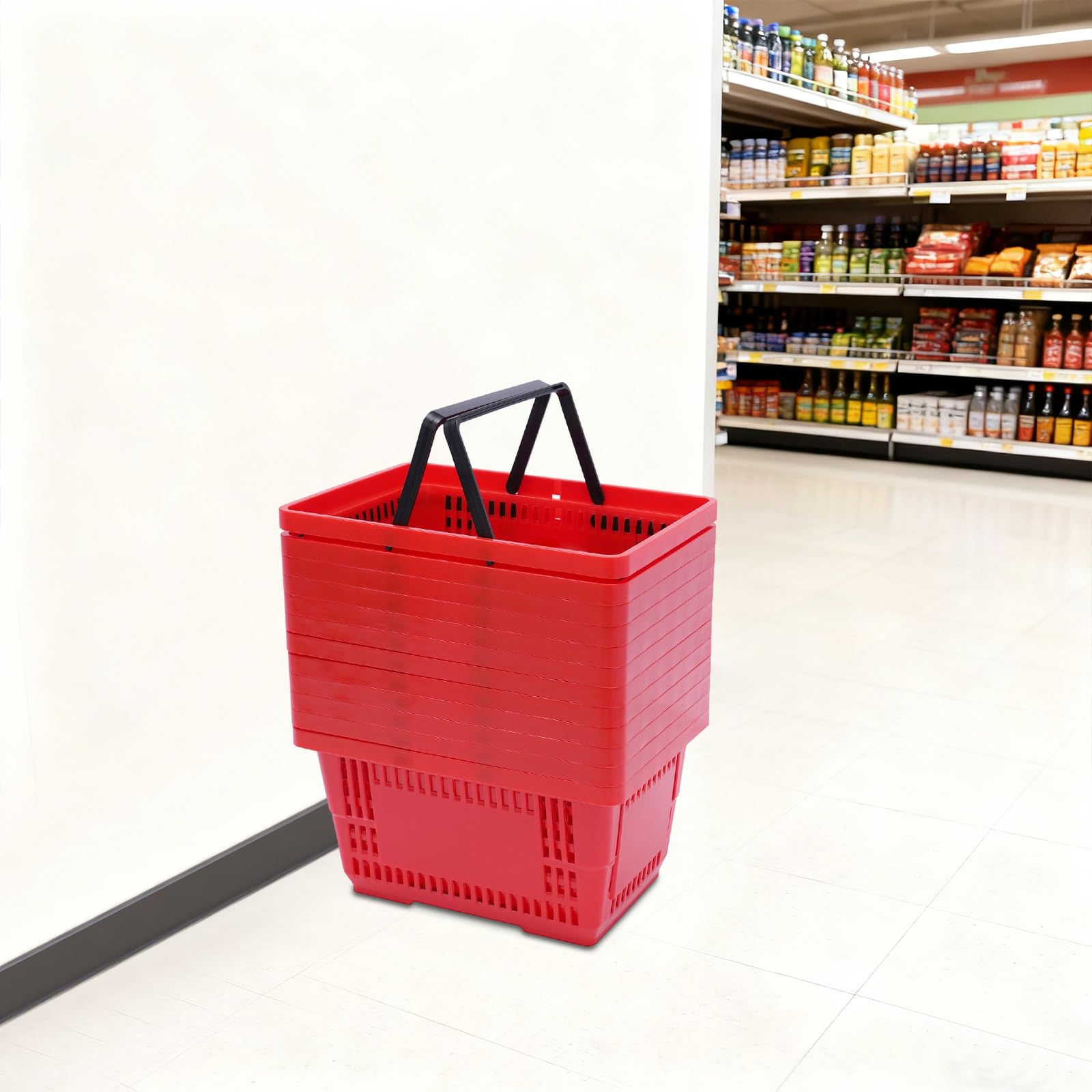 Cesta de la compra de plástico con asa, 12 unidades, 18 L, color rojo | Cesta de la compra apilable, cesta de la compra de supermercado, cesta de plástico portátil con asa, hasta 10 kg, color rojo
