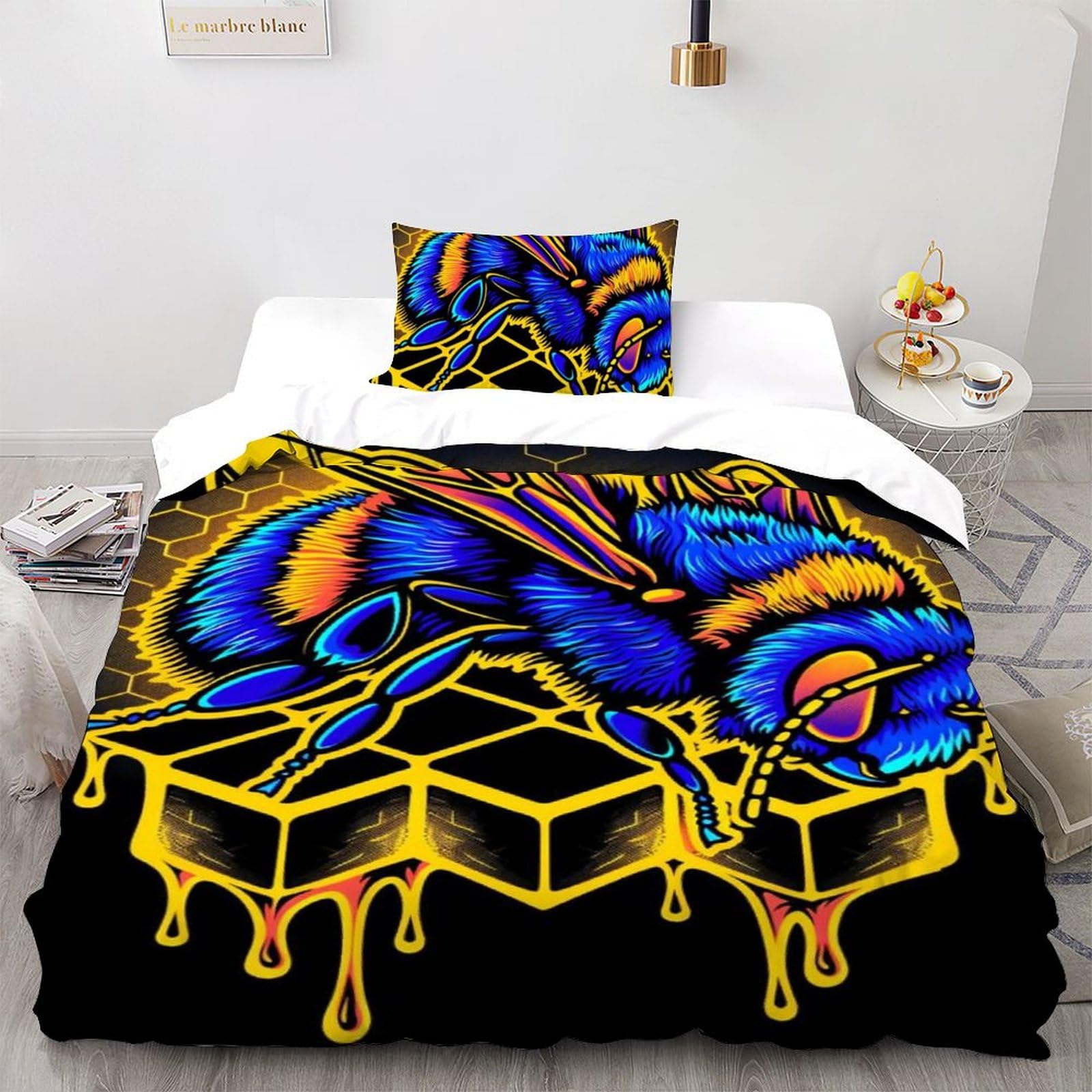 Housse de couette abeille 2 pièces 135x200cm en microfibre avec taie d'oreiller