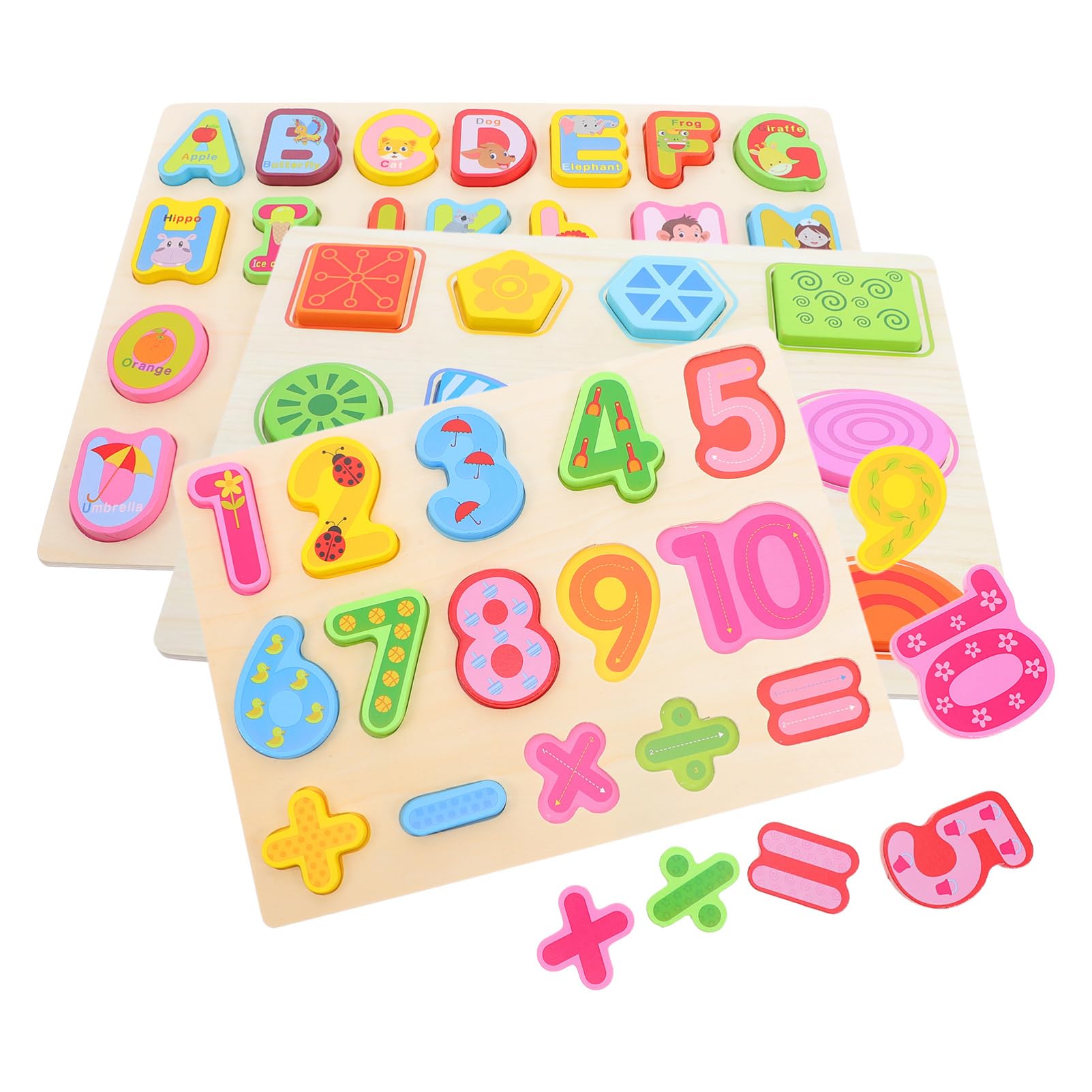 Holzpuzzle 3 Stück mit Alphabet, Zahlen und Formen | Lernspielzeug für Kleinkinder, Sortierbrett für Frühe Bildung, Fördert Feinmotorik und Farbzuordnung