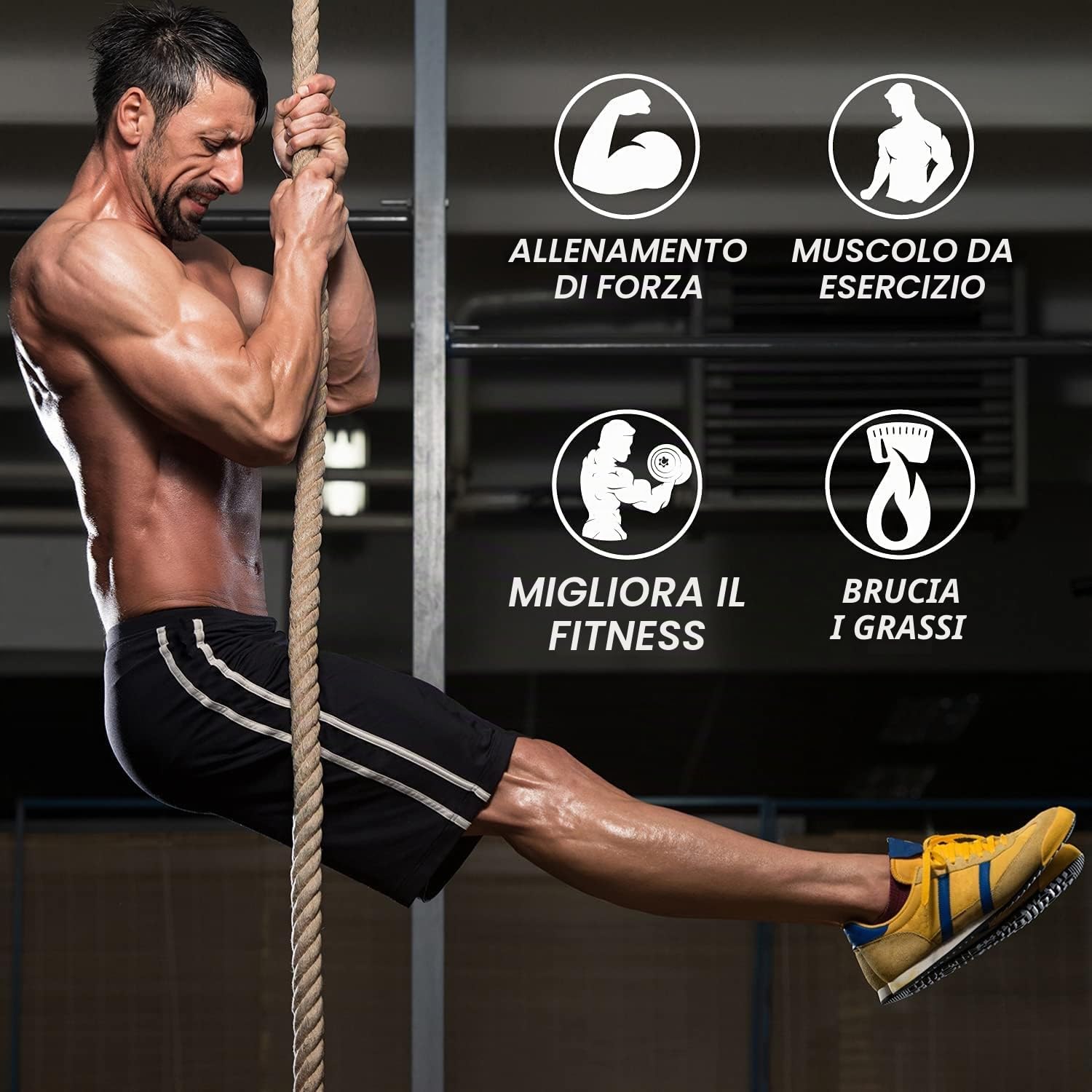 Yes4All Corda da arrampicata da palestra con moschettone, diametro 38 mm, per fitness e allenamento della forza, esercizi di crossfit e allenamenti a casa, corda sportiva per allenamento della forza,
