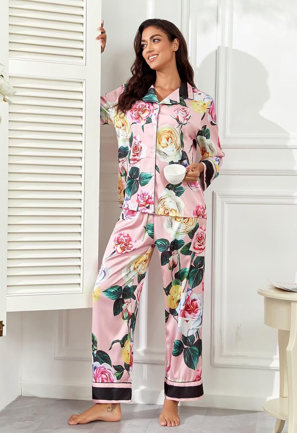 Brosloth Womens Silky Pajamas Floral Print Satin Pajama Set Long Sleeve Button Up Soft Sleepwear Cute Pj Sets - Image 4