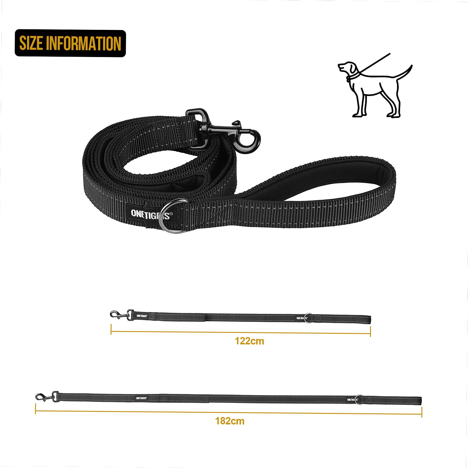OneTigris Guinzaglio Doppio con Strisce Riflettenti per Cani di Taglia Media e Grande, Nero, 182 cm