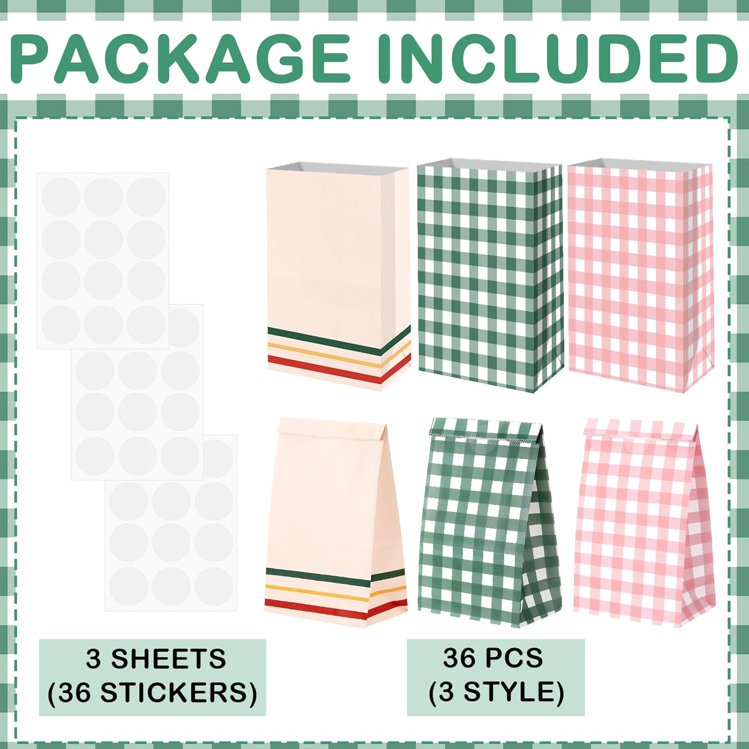 Kolldenn 36 Pcs Gingham Gift Bags Gingham Camp Paper Bag Pink Green Plaid Checkered Goodie Bags for Camp Bachelorette Baby Shower Wedding Birthday Easter Party Favor Supplies - Image 2