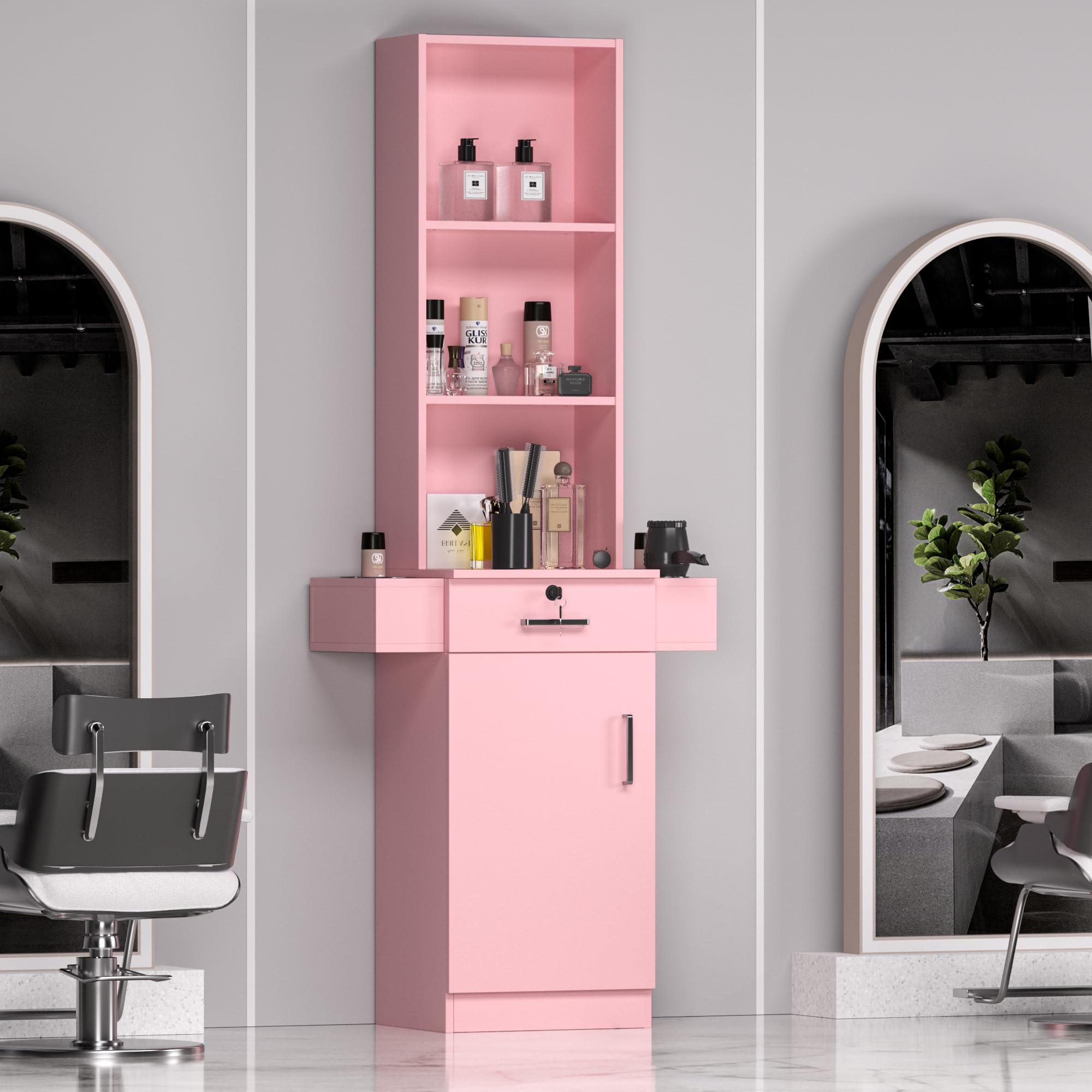 Pink Barber Salon Work Station For Hair Stylist Home Beauty