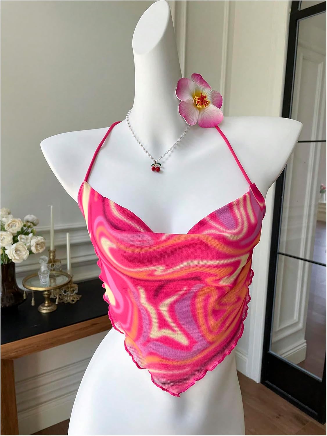 Floerns Women's Marble Print Halter Crop Top Tie Backless Asymmetrical Lettuce Hem Party Tops - Image 2