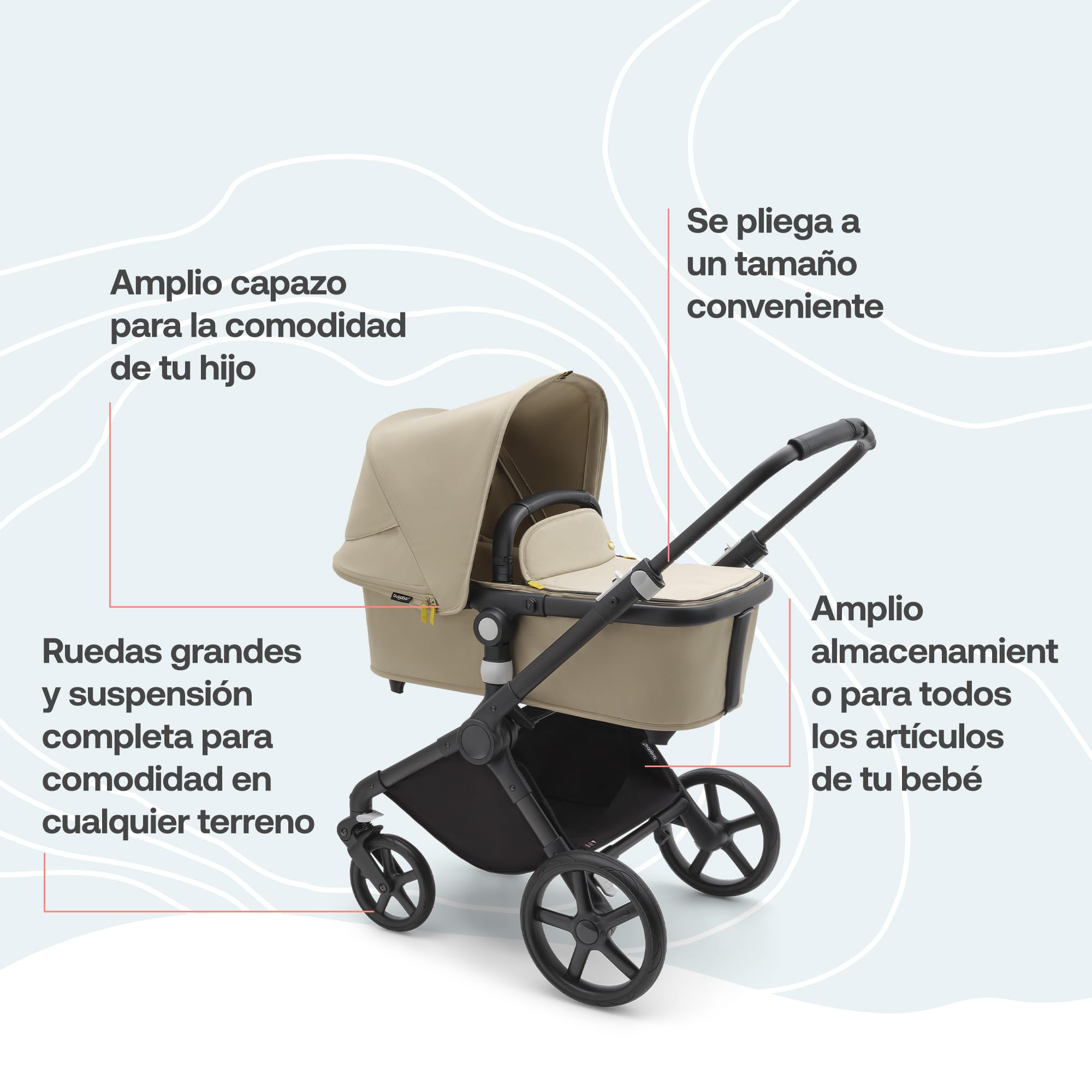 Bugaboo Fox Cub - Carrito Todoterreno, con Capazo y Silla de Paseo Fuerte y Ligera, Diseño Duradero con Capota para el Sol Extra Grande, se Pliega en una Sola Pieza Portable, Beige