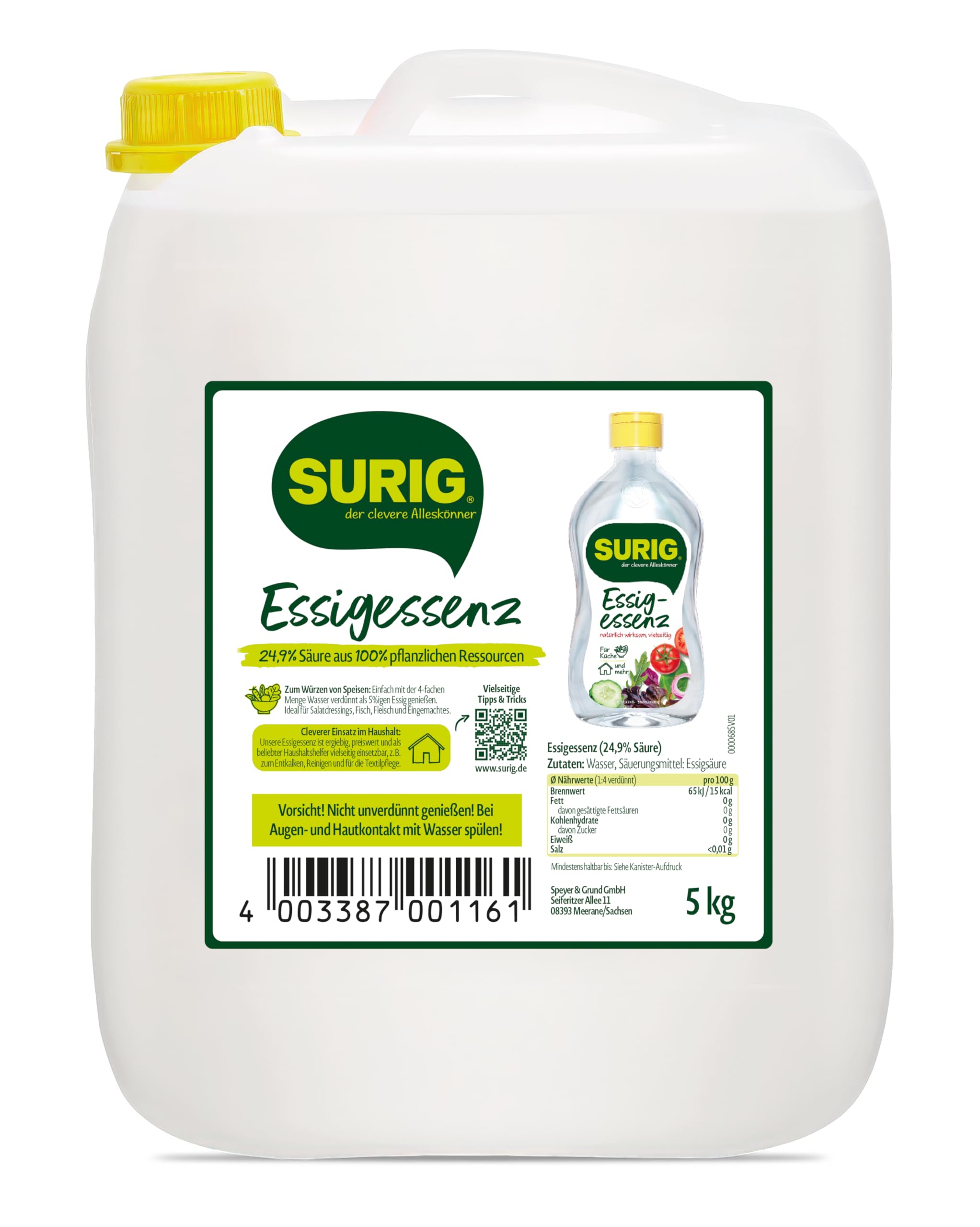 SURIG Essigessenz 5L mit 25% Essigsäure - 100% pflanzlicher Essig zum Reinigen und Entkalken in Küche und Haushalt - Lebensmittelqualität zum Kochen und Einlegen