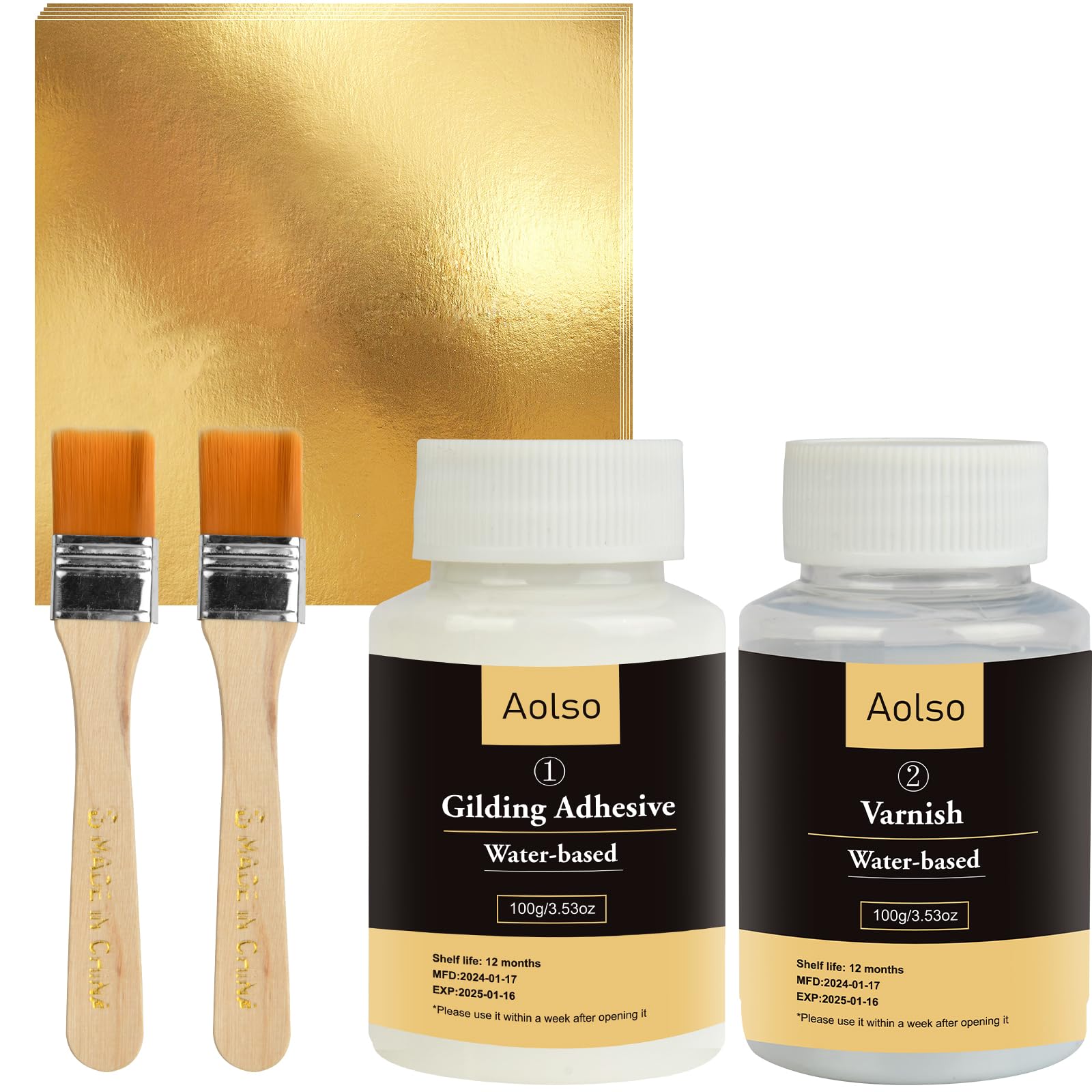 Nayrmaer Blattgold Kleber Set – 100 Blatt Goldfolie, 100 Ml Kleber & Versiegelung, 2 Pinsel, Sprühflasche, Handschuhe – Für Holz, Glas, Metall & Mehr