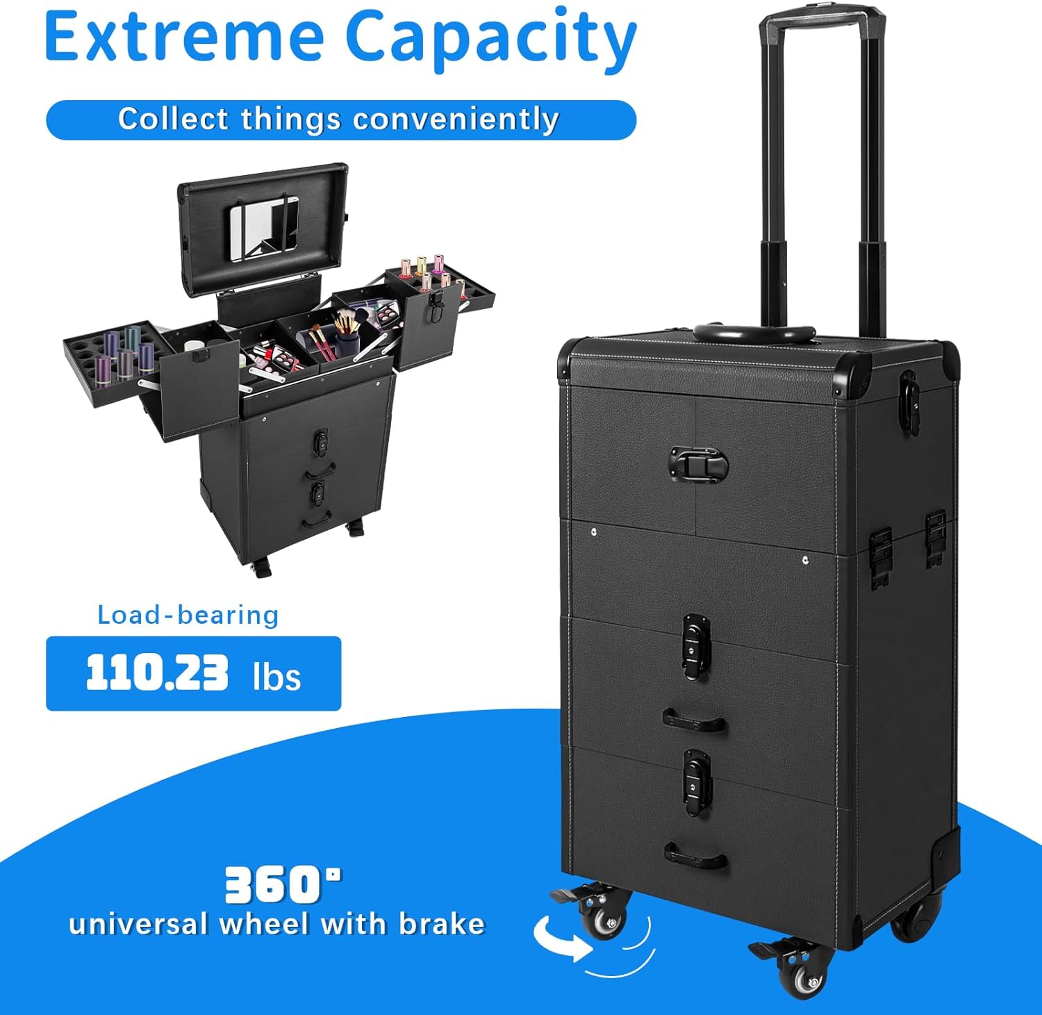 Professional Makeup Artist Rolling Train Case Lockable 3 in 1 Rolling Makeup Case Cosmetology Case on Wheels, Portable Cosmetic Organizer Trolley, Nail Technician Salon Cart (Black)