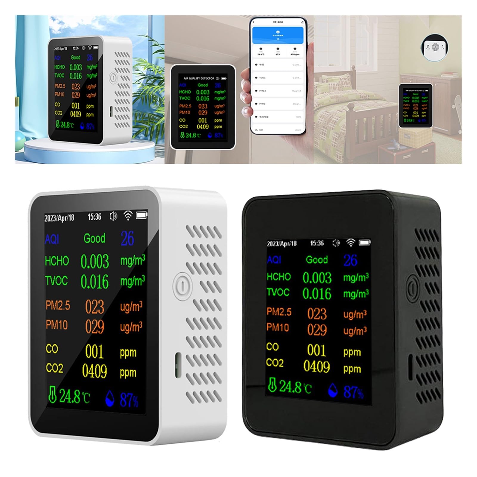 Monitor jakości powietrza Monitor jakości powietrza 12 w 1 przenośny Monitor CO2 kolorowy ekran detektor dwutlenku węgla z wyświetlaczem czasu/daty do użytku w pomieszczeniach(White 12 In 1)