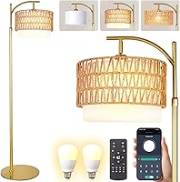 Vista 10 de Lámpara de pie de ratán boho con pantalla – Lámpara LED regulable brillante de 12 W, control remoto con 3 temperaturas de color, lámpara de pie