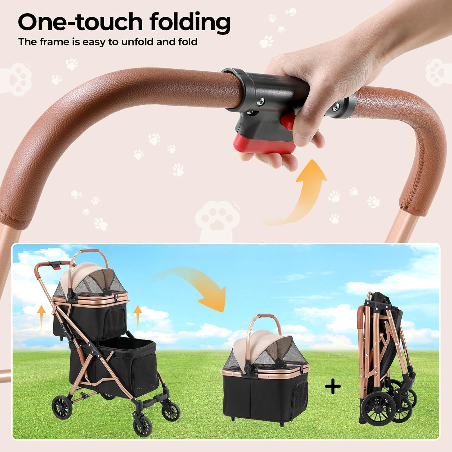 MAMIZO Cochecito para Mascotas 2 Niveles, Plegable Carrito para Mascotas de Hasta 15 kg, Carrito de 2 Niveles para Perros Gatos con Ventanas de Malla Portavasos y 4 PCS Ruedas PU, Negro