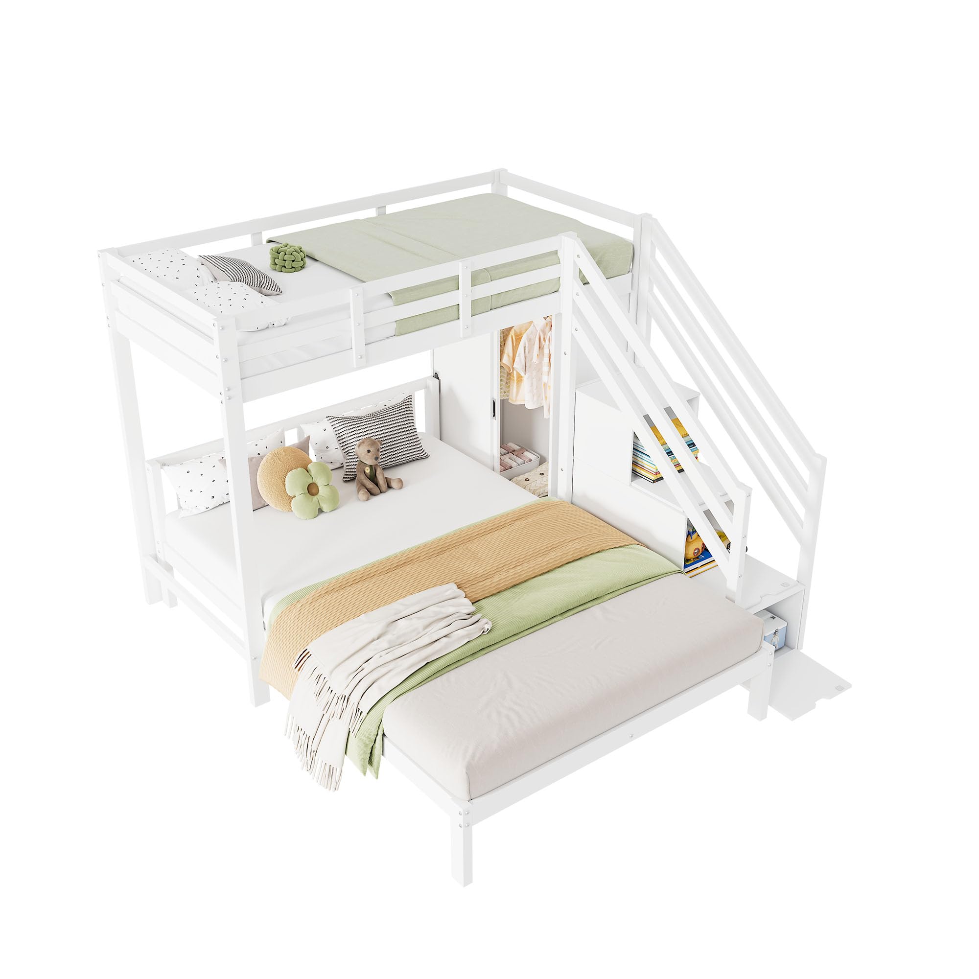 Letto a castello con guardaroba, letto a castello per bambini, 90 x 200 cm + 140 x 200 cm, multifunzione, con scaletta, grande spazio di archiviazione, senza materasso, bianco
