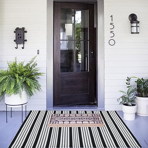 Vista 111 de Alfombra de exterior blanca y negra de 3 x 5 pies, alfombra de algodón tejida a mano, lavable a máquina, para interiores y exteriores, alfombra