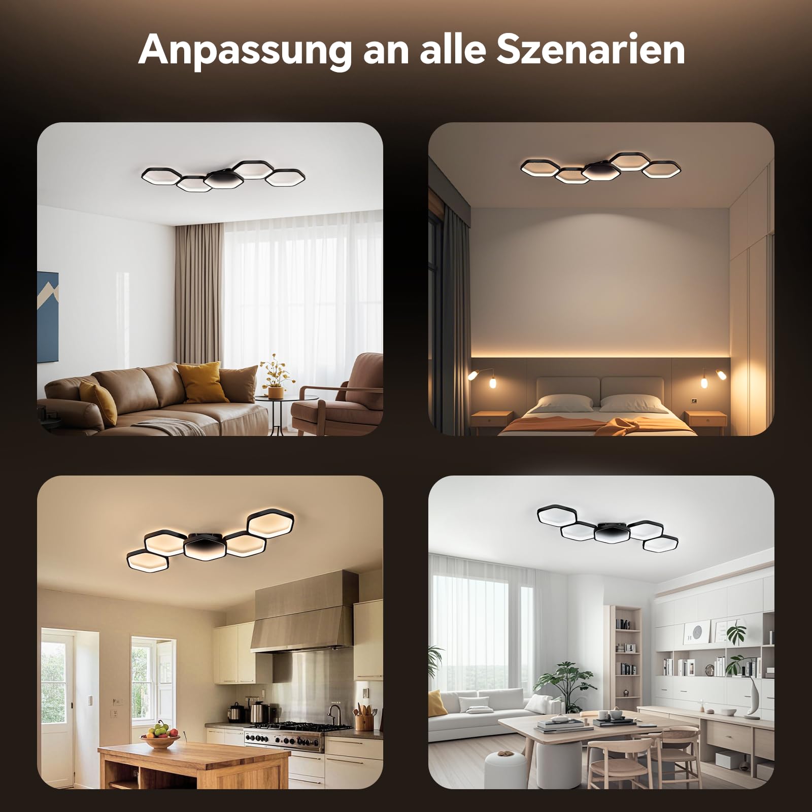 Yuanfenghua LED Deckenleuchte, Deckenlampe Dimmbar mit Fernbedienung Farbwechsel, Wohnzimmerlampe Schlafzimmer moderne Deckenbeleuchtung Kronleuchter Lampe, 90cm, Schwarz