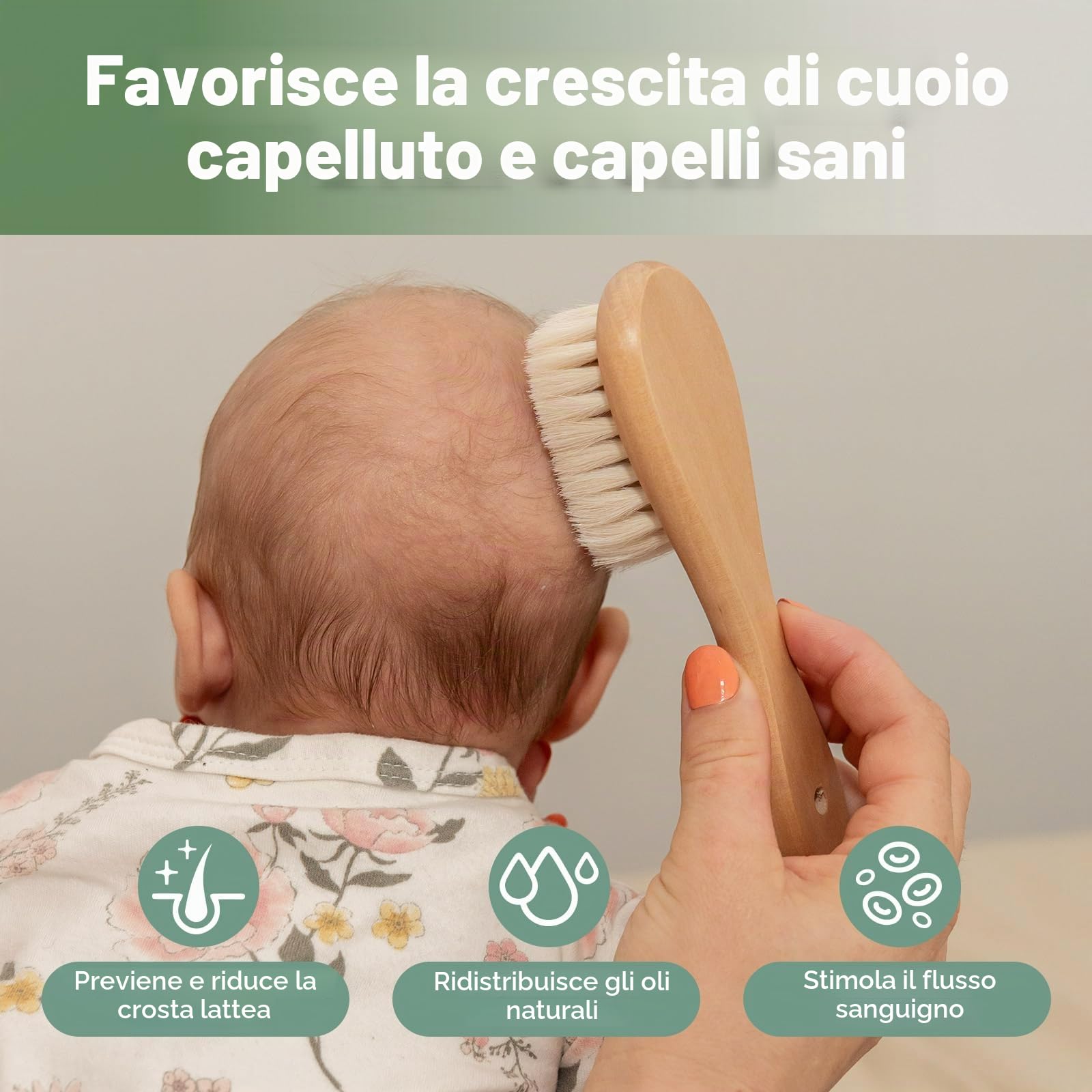 Haakaa Spazzola per Bambini, Spazzola Neonati, Spazzola per Capelli per Neonati, con Morbide Setole Naturali, Impugnatura Di Legno Antiscivolo