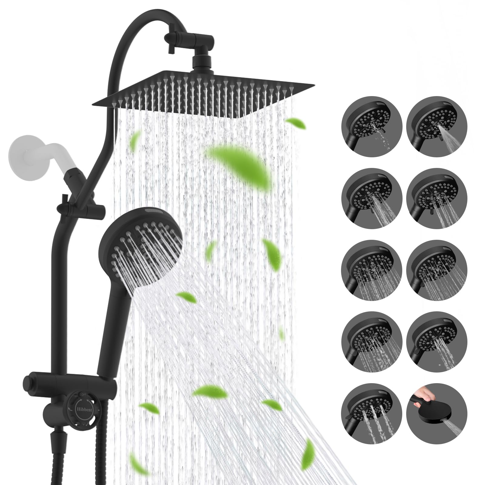 Hibbent High Pressue All Metal 8" Rainfall Shower Head, Handheld 10-Spray