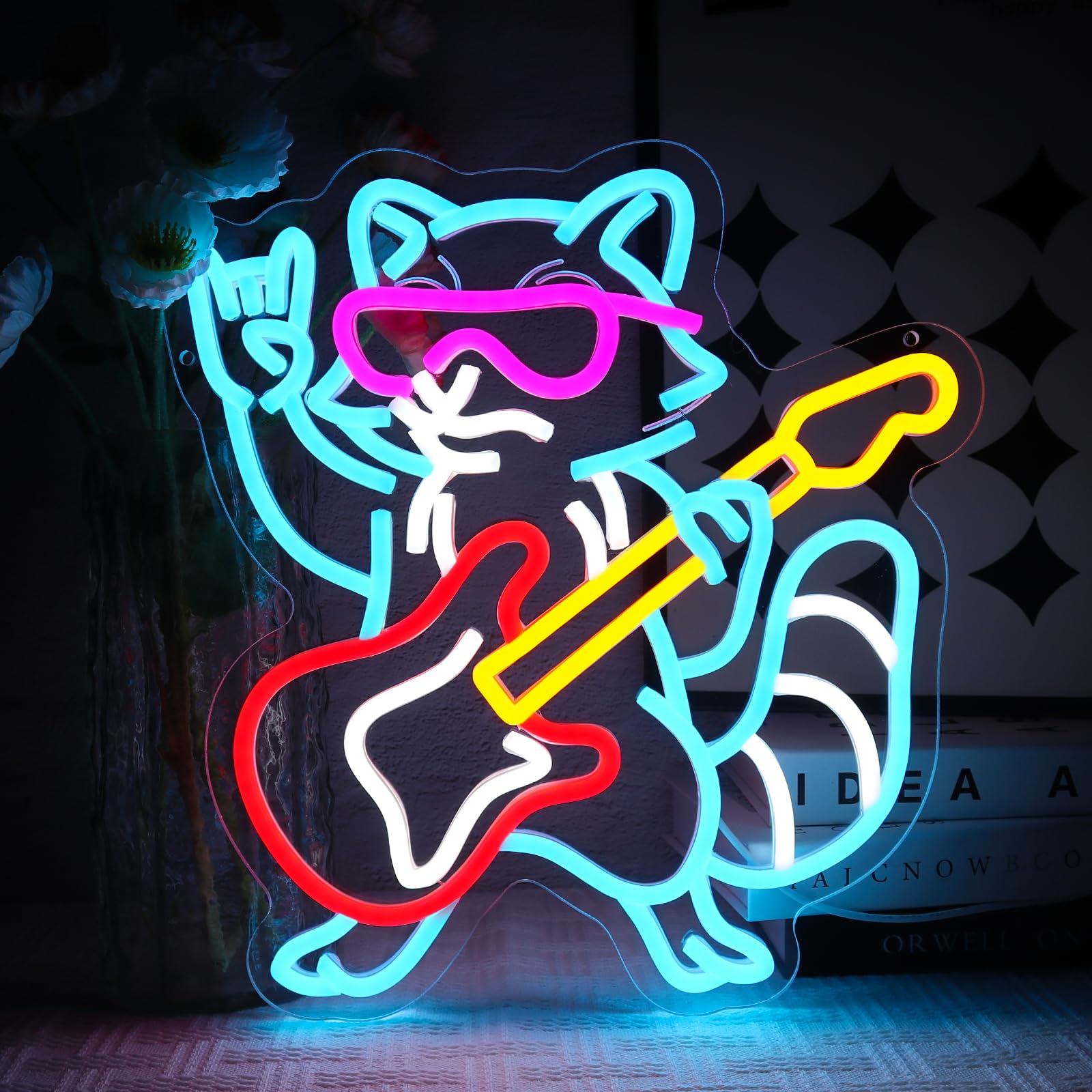Waschbär Gitarre Neon Schild Rock Musik Led Neonschild Wand Lustig Neon Sign USB Led Schild für Spielzone Bar Live Musik Studio Büro Garage Schlafzimmer Zimmer Party Laden Geschenk