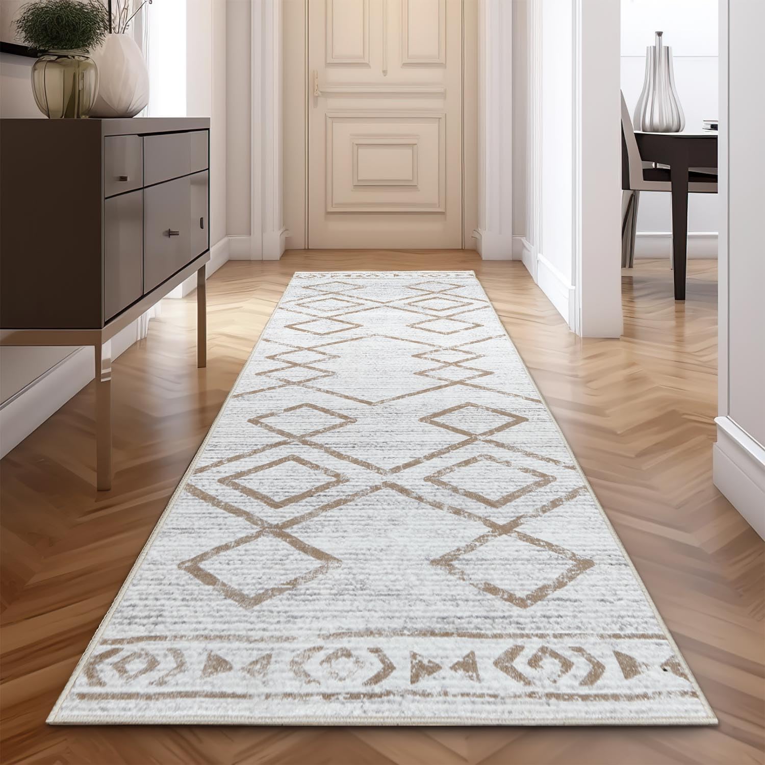 jinchan Hallway Runner Rug 3x10 - Moroccan Kitchen Machine Washable Runner Rug Modern Geometric Soft Faux Wool Ultra-Thin Low-Pile Non-Slip Carpet for Laundry Room Bedroom Farmhouse (3x10ft,Taupe)