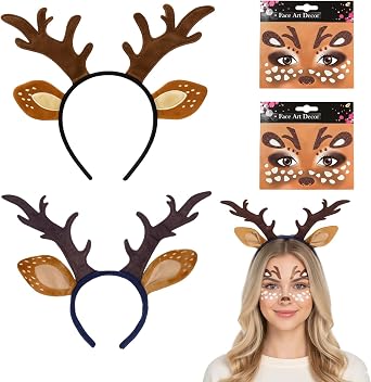 Deer Ears Headband, Deer Ears, 4 Pack Reindeer Antlers Headband with Face Tattoo, Christmas Hair Accessories for Women, Party Costume for Halloween Carnival Family Gatherings