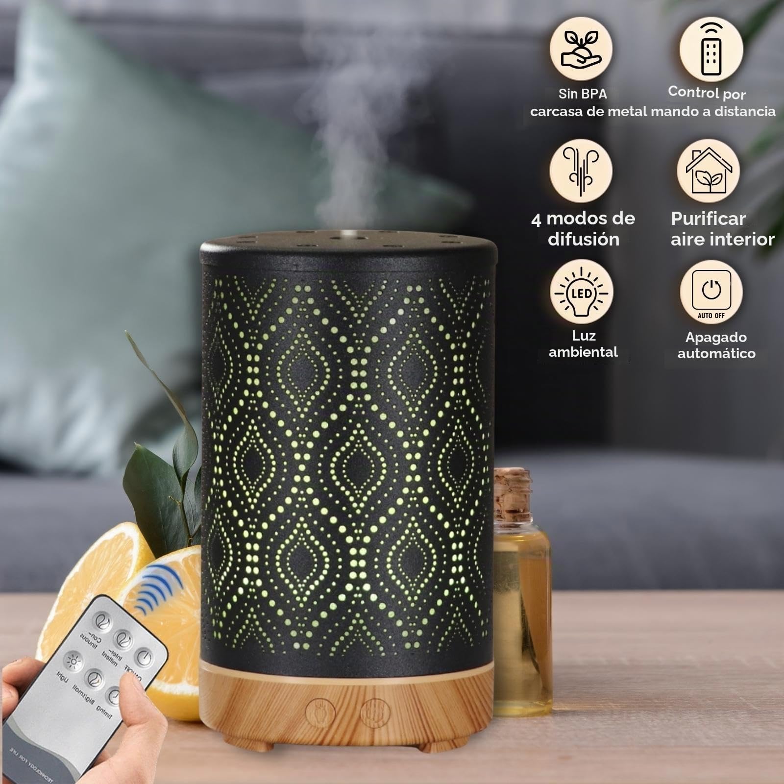 Zen'Arôme Difusor ultrasónico de aromaterapia Sevilla, difusor de Aceite Esencial en frío, difusor eléctrico con Control Remoto, iluminación LED Personalizable, Carcasa de Metal con diseño Original