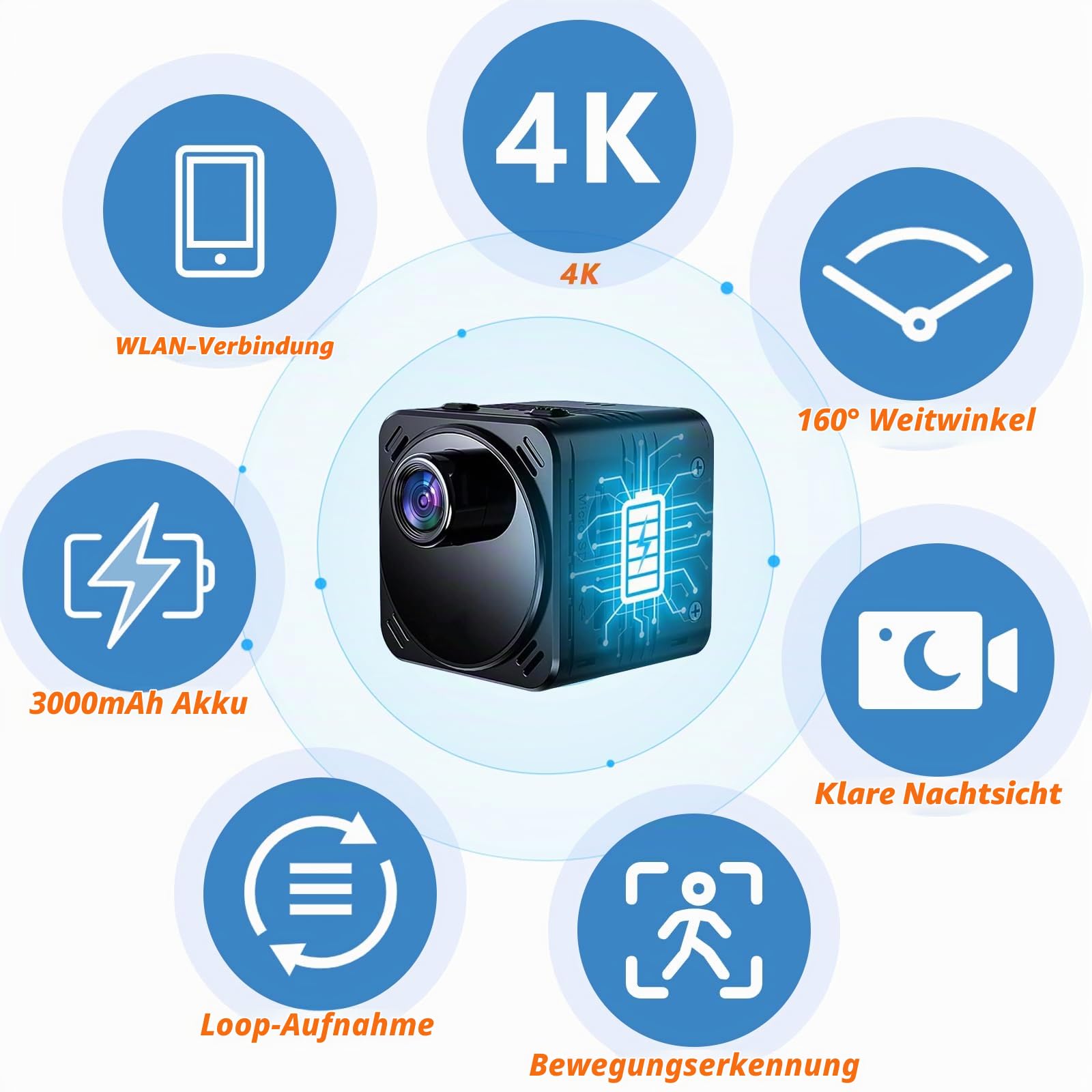 Mini HD Kamera 4K WiFi mit Akku, Nachtsicht & Bewegungserkennung | 3000mAh, 11h Laufzeit, 160° Weitwinkel, 256GB SD, Loop-Aufnahme