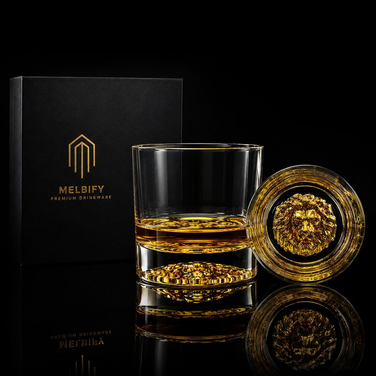 Melbify Gold Lion Whiskey Glass Set of 6 | 300 ml | Premium Packing | Gift Box | Golden Gift Set | Big, Unique, Broad | Thick Bottom | Premium | Lion Head Symbol discount deal