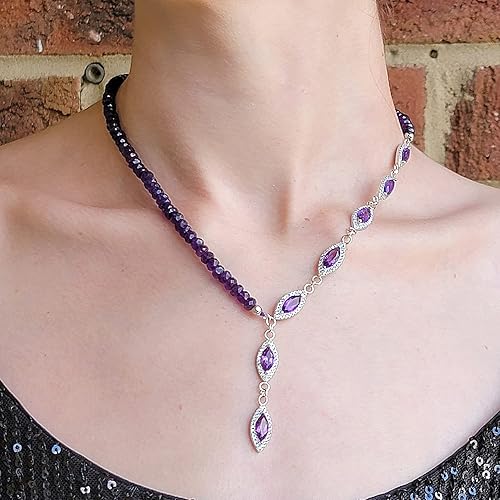 Miniatura 2 de Collar con clase lariat de piedras preciosas naturales, con plata de ley y oro blanco chapado en marquesa y extensión de gancho, regalo de piedra