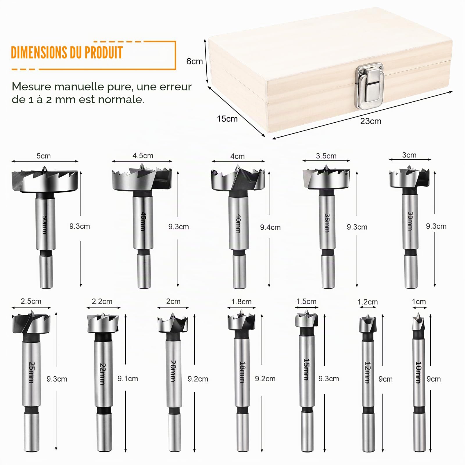 Gueenky 12 Pièces Meche a Faconner Bois, 10-50mm Foret Forstner Mèches à Bois Forstner à Tige Ronde Foret 10/12/15/18/20/22/25/30/35/40/45/50mm