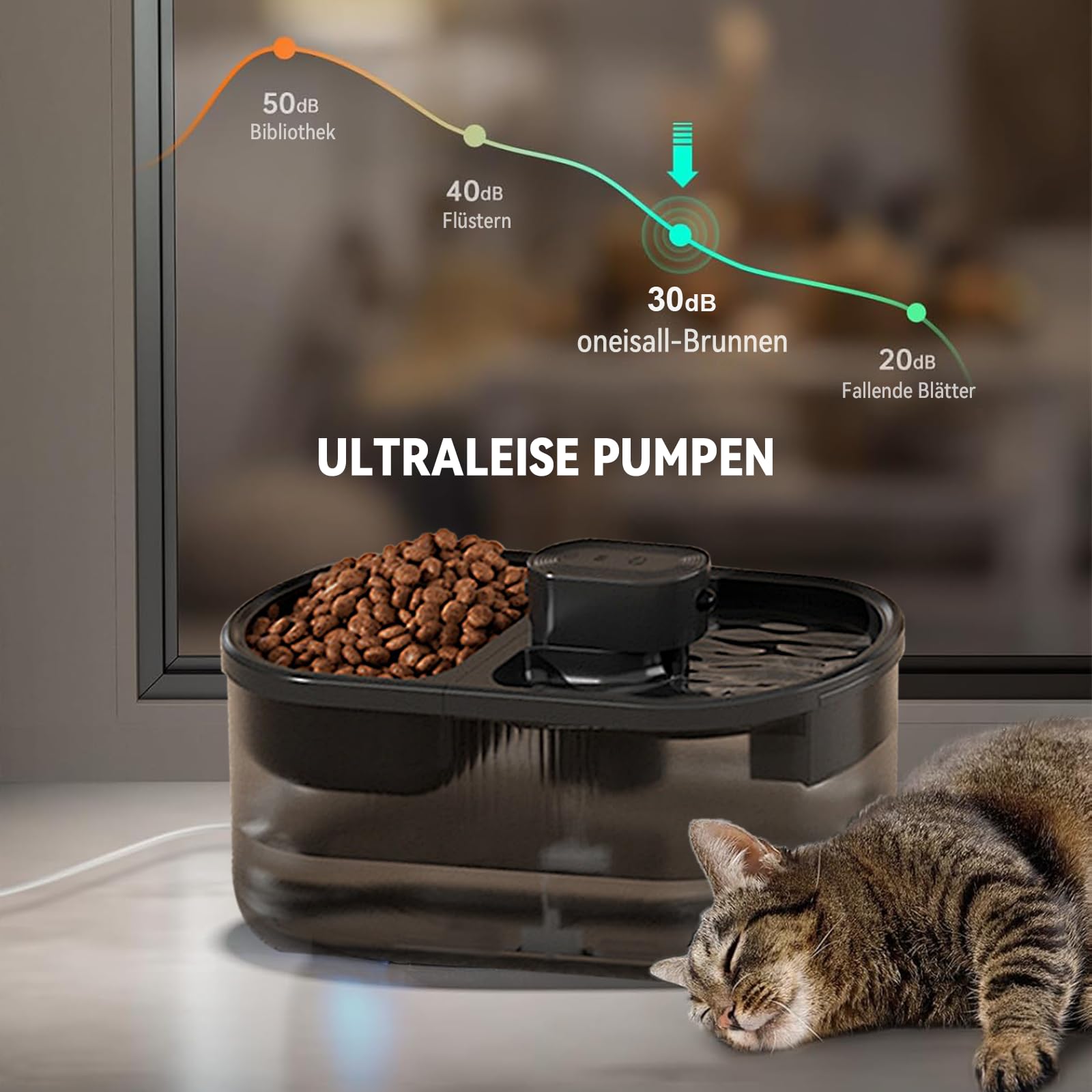 Automatischer Trinkbrunnen für Katze,Katzenbrunnen Kabellos mit Bewegungsmelder,Trink- und Fütterungsautomat für Katzen mit 4,5 Litern, Wasserspender für Katzen, Futterautomat für Haustiere