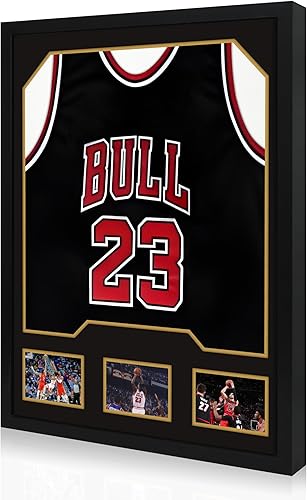Jersey Frame Display Case 1 Pack, Large Wooden Sport Jersey Shadow Box Frame with Mats and Real Tempered Glass Cover for Football Hockey Baseball Basketball Soccer Shirt,Black