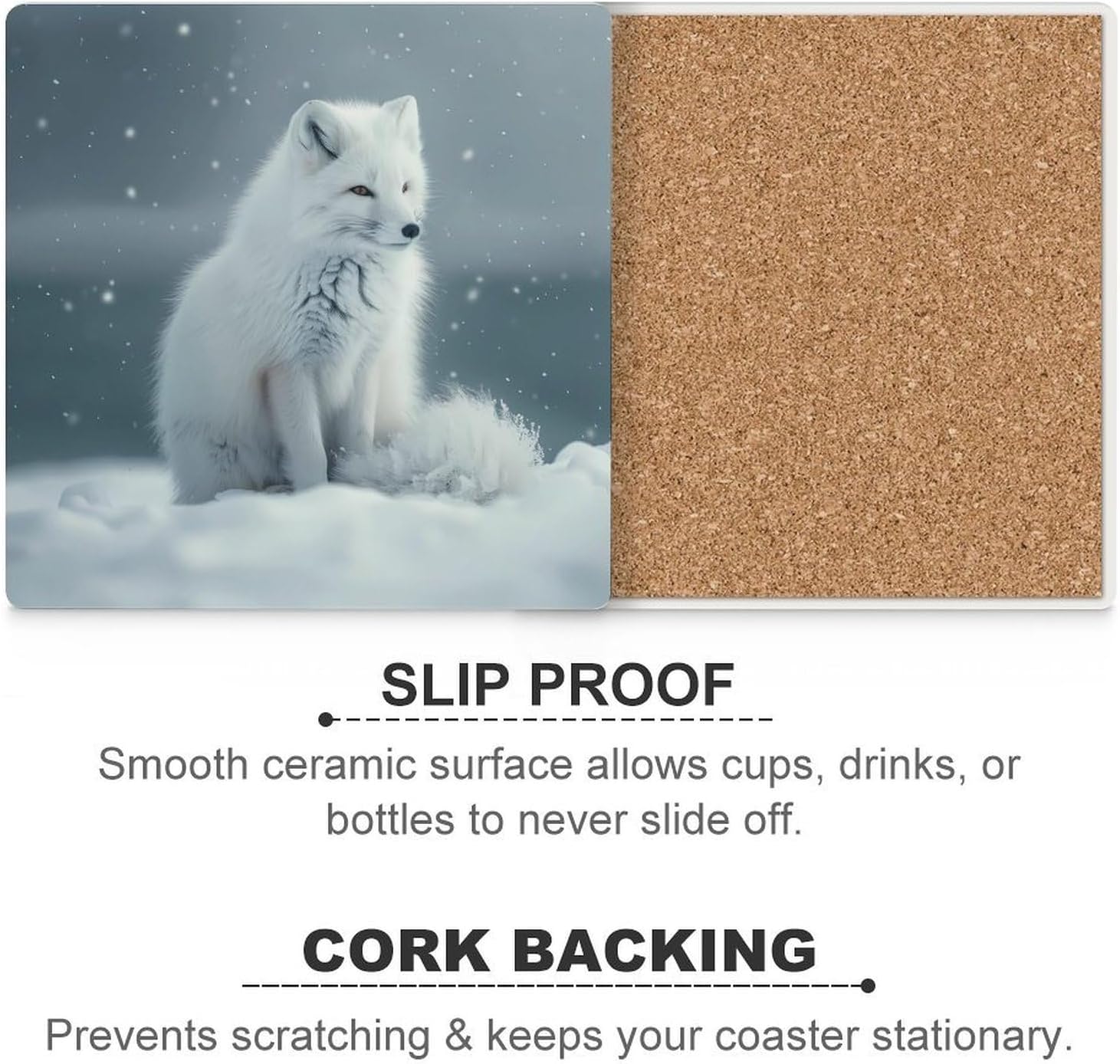 Winter Fox Coaster for Drinks Square Ceramic Table Coasters Stone Mat Crafts 6PCS Home Kitchen Decor