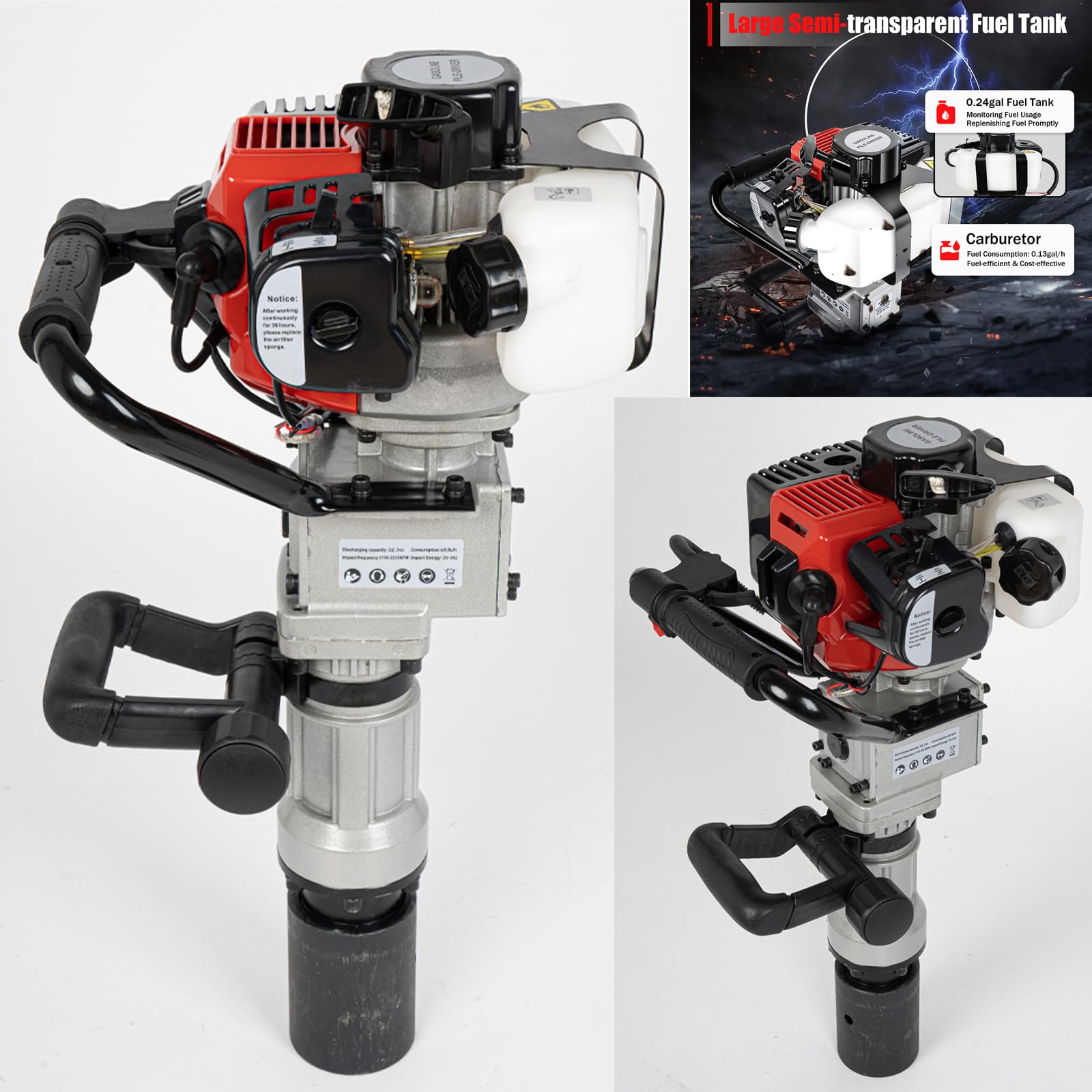 Battipalo Pile Driver Benzina,2 tempi, 32,6cc Battipali a Scoppio mit 2x Ram Hole Adapter Piantapali a Benzina per Pali di Recinzione per Fattoria, Recinzione Cortile