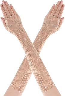 Women Rhinestone Fishnet Long Gloves Mesh Rave Gloves Costume Accessories
