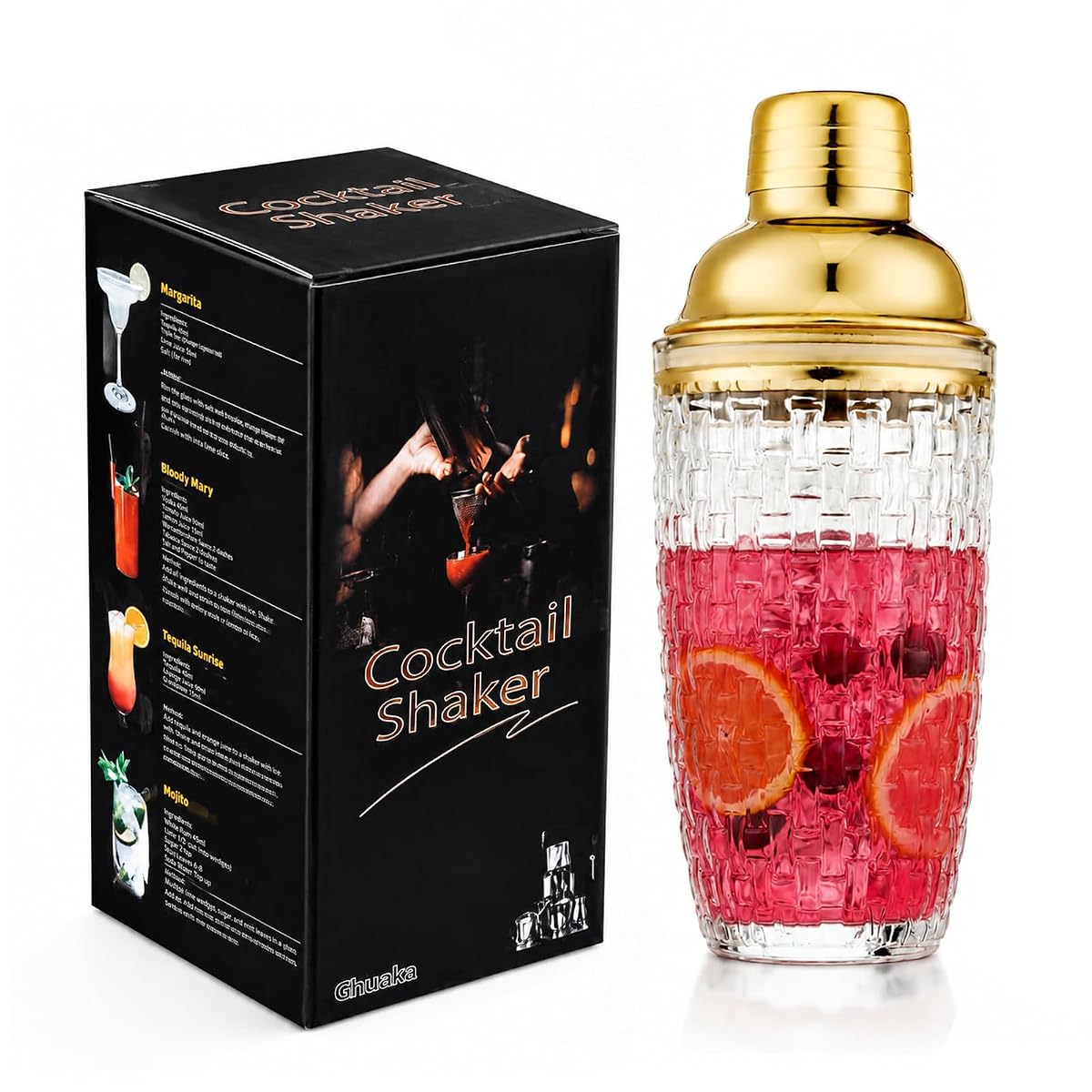 Gbuxska Gold Glass Cocktail Shaker Set - 13 oz, Includes Shaker, Lid, Strainer