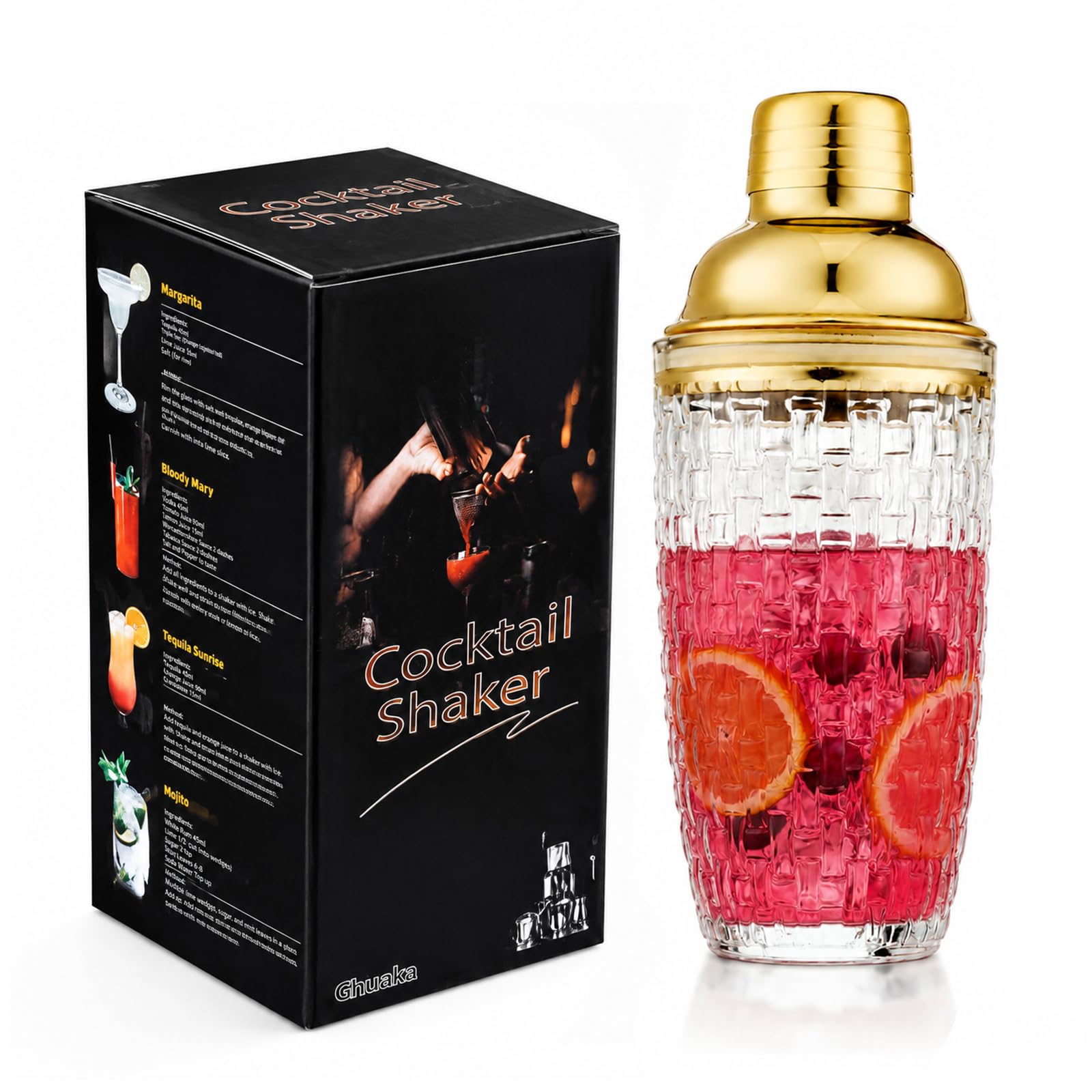 Gbuxska Gold Glass Cocktail Shaker Set - 13 oz, Includes Shaker, Lid, Strainer