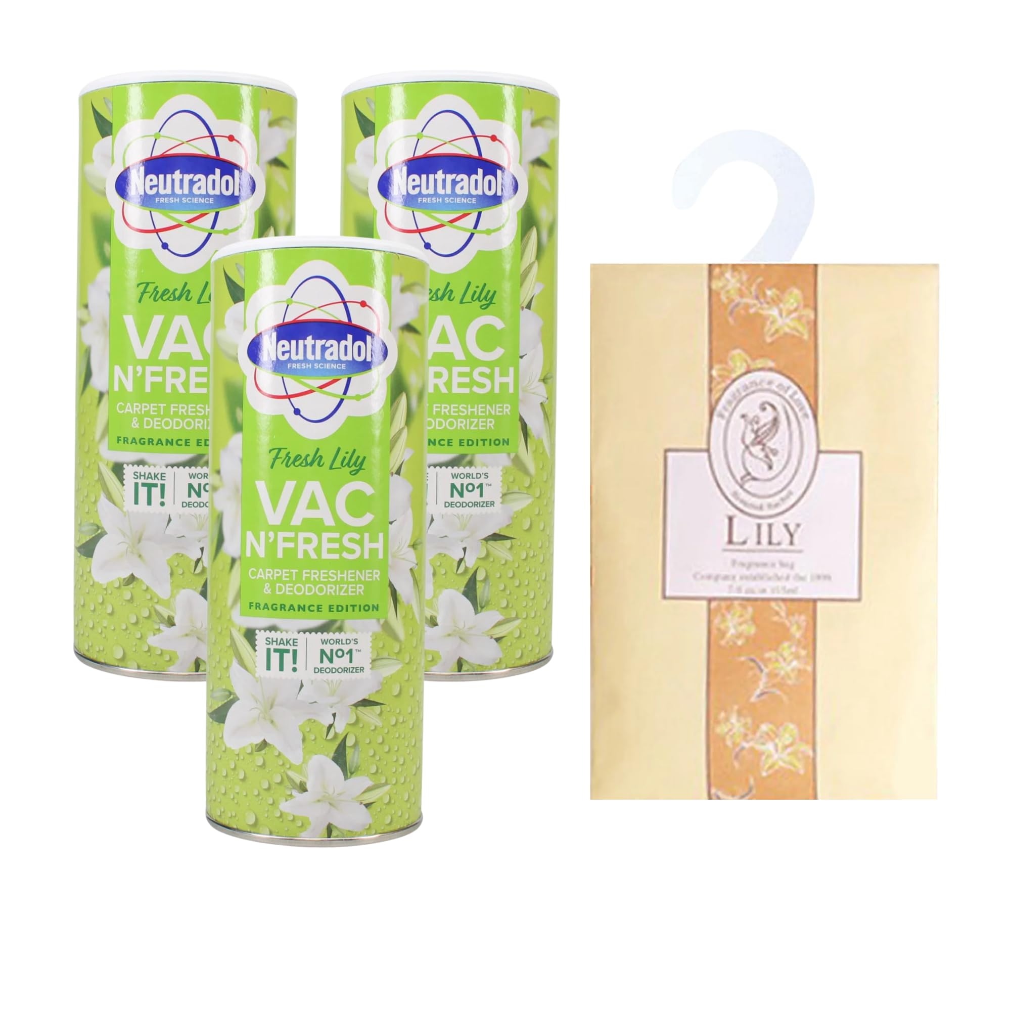 2-in-1 Shake and Vac Carpet Cleaner Powder Bundle: 3 x Neutradol 350g Shake and Vac Carpet Freshener Lily Fresh + Hanging Wardrobe Spice Scent Sachet (Lily)