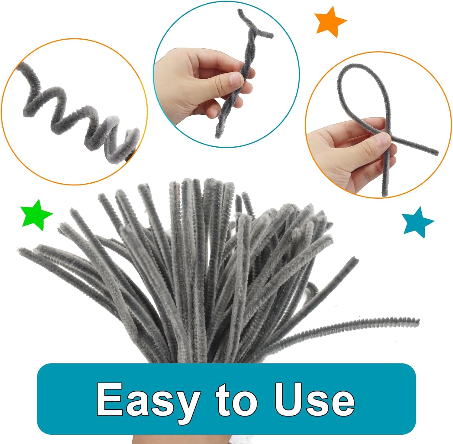 Zorveiio 300Pcs Pipe Cleaners Craft Supplies Bulk - Gray, 12 Inch Fuzzy Chenille Stems for DIY Crafts, Decorations, Halloween, Christmas, Valentine's Day