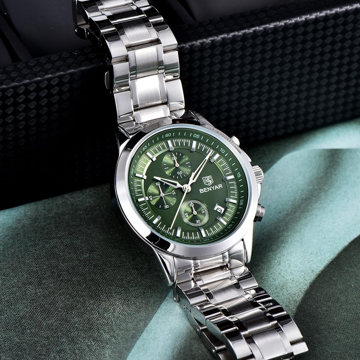 BENYAR Mens Watches Analog Quartz Chronograph Waterproof Wrist Watches for Men Luminous Fashion Business Casual Sport Elegant Dress Watch with Calendar Stainless Steel/Leather Strap - Image 7